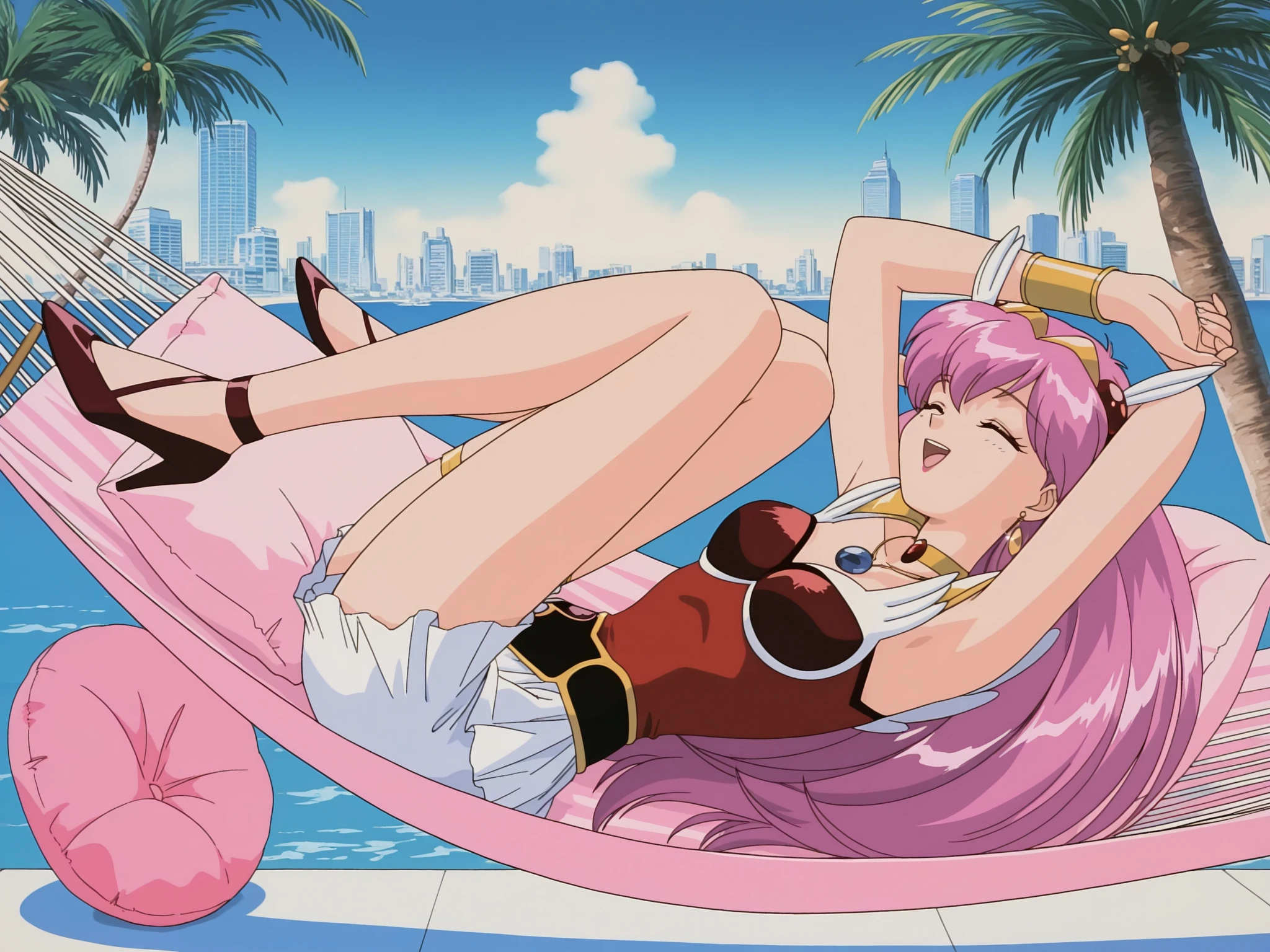 Masterpiece , best quality , Masterpiece , best quality , 1 woman , Pink ponytail , sly face , smile , black bikini , abdomen , big breasts , Long legs , Barefoot , sit on the seat , Spread your legs , bus waiting point