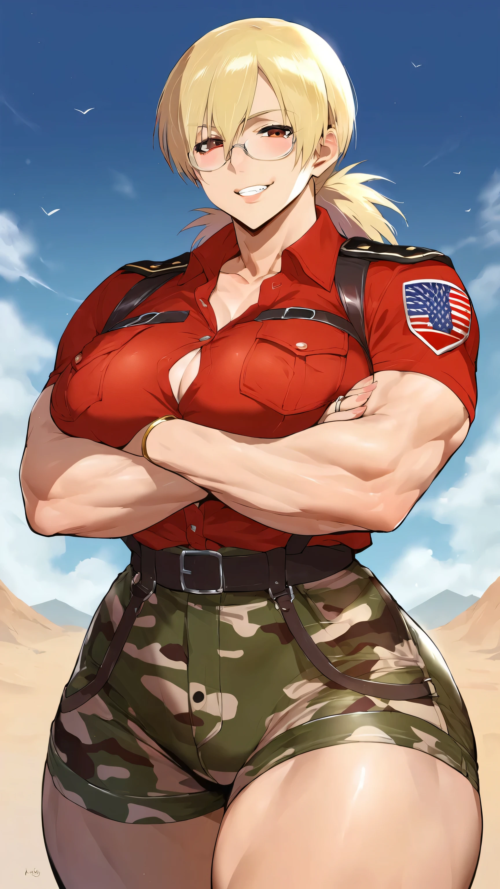 anger, (((Muscular girl toned body huge breasts))), ((six packs, chiseled abs)), Female Bodybuilders, (((ample, gigantic breasts, large areolae))), (((ample, gigantic hip))), long silky blonde hair, yellow eyes white skin (latex, military uniform, wearing white military uniform, wearing white military pants), background surrounded by crowd