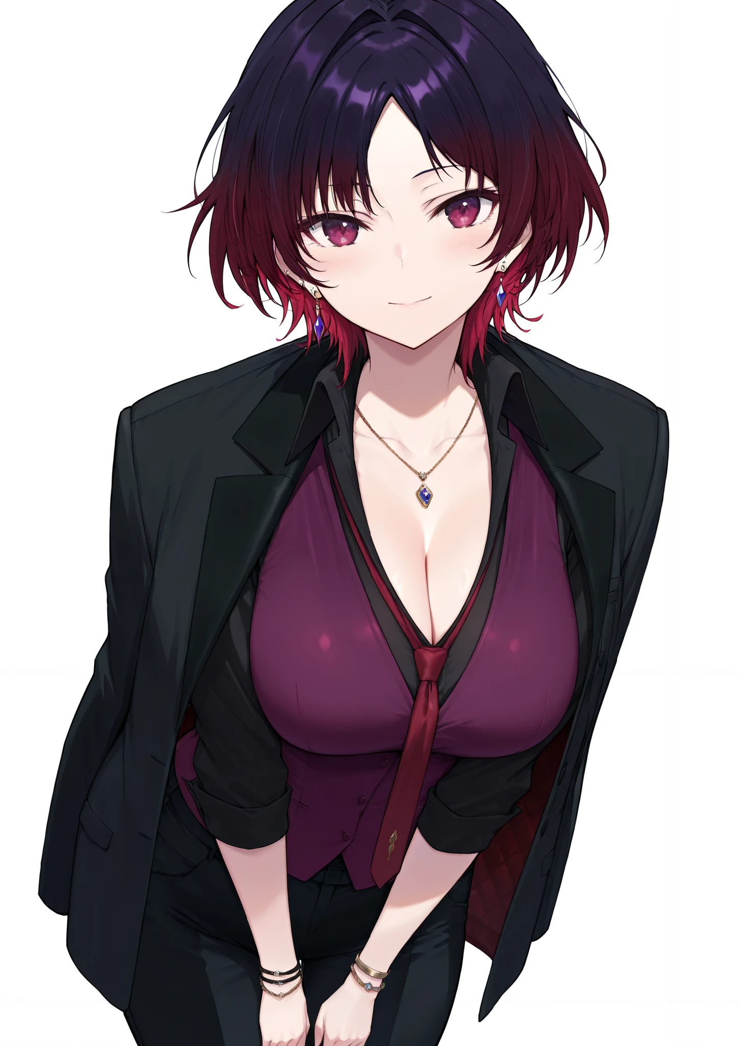 Jthan67, Ahoge, reddish wine hair, Jacket with hole shows purple cleavage, black blouse, black pants, reddish wine eyes, pose sexy 
