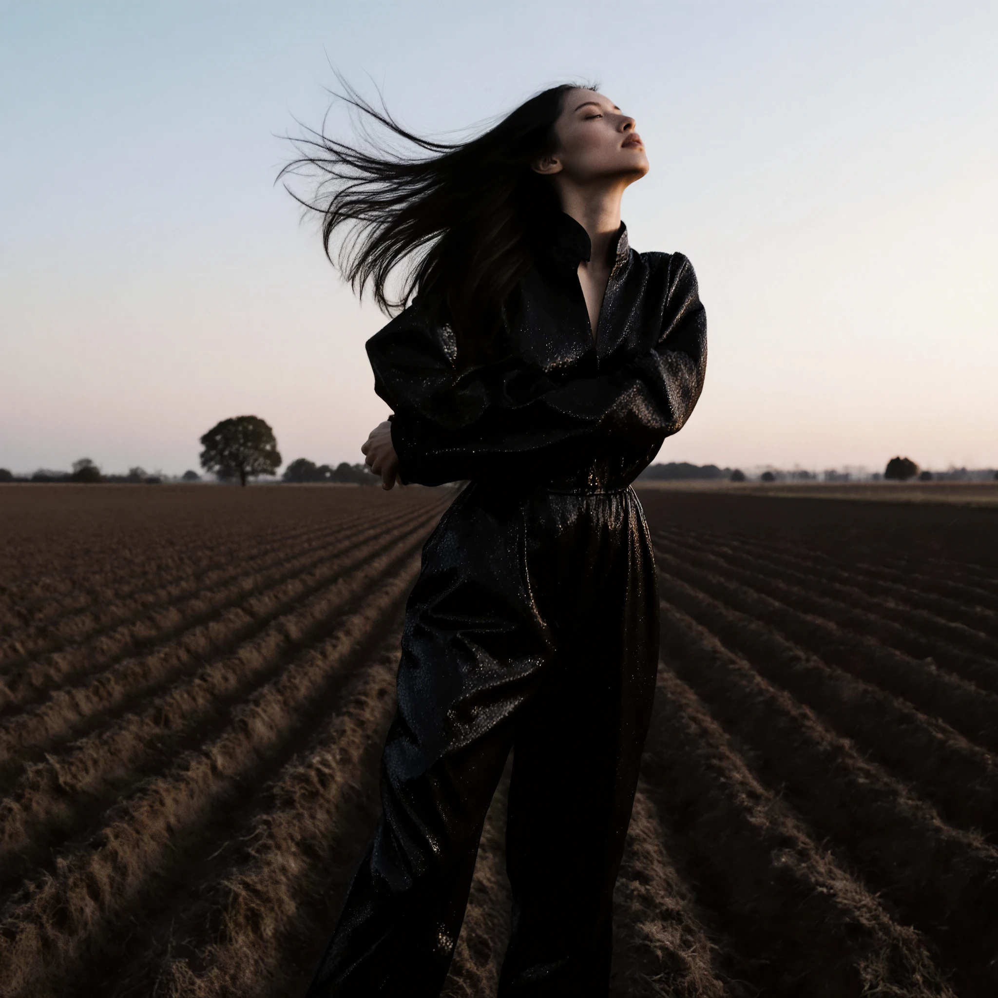 Ultra-realistic cinematic portrait of a woman standing in an open, freshly plowed field at dusk, wearing a shimmering black full-body jumpsuit with long sleeves and subtle metallic texture. She is captured mid-motion, dramatically flipping her long, jet-black hair in an arc, creating a sense of dynamic movement. Her head is tilted back gracefully, her expression partially obscured by motion blur, emphasizing the energy of the moment. The soft natural evening light bathes the scene, with a clear gradient sky transitioning from pale blue to warm horizon tones. Fine details in the textured soil and distant tree line are visible, enhancing the depth and realism of the image. Shot with a shallow depth of field, crisp focus on her body and hair strands, bokeh in the background, high-resolution photography style.