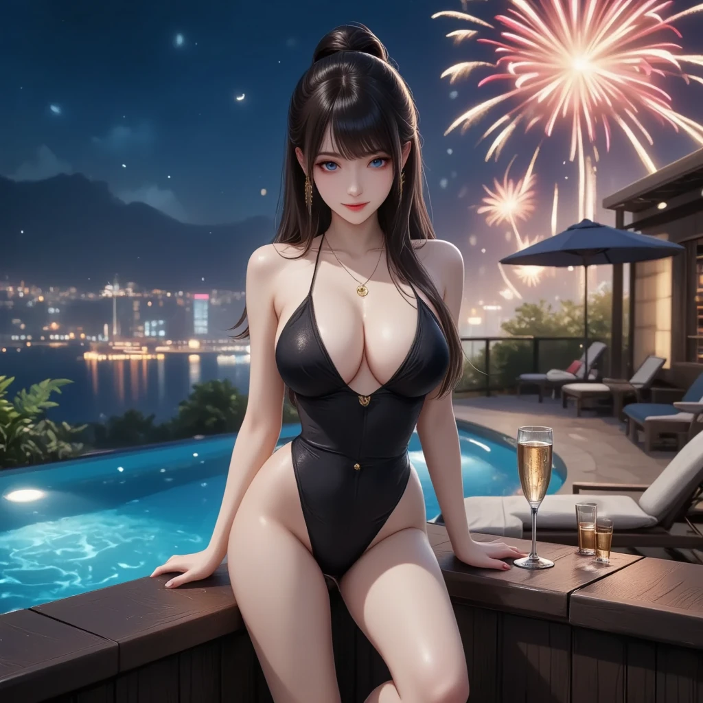 looking up at the fireworks,Poolside,(random reclining poses:1.2),Swimsuit,silver hair,(ebony skin:1.2),(Thin type:1.8),(big breasts),(random hairstyle),(Highest image quality,(8k),ultra-realistic,best quality, high quality, high definition, high quality texture,high detail,beautiful detailed,fine detailed,extremely detailed cg,detailed texture,a realistic representation of the face,masterpiece,Sense of presence)