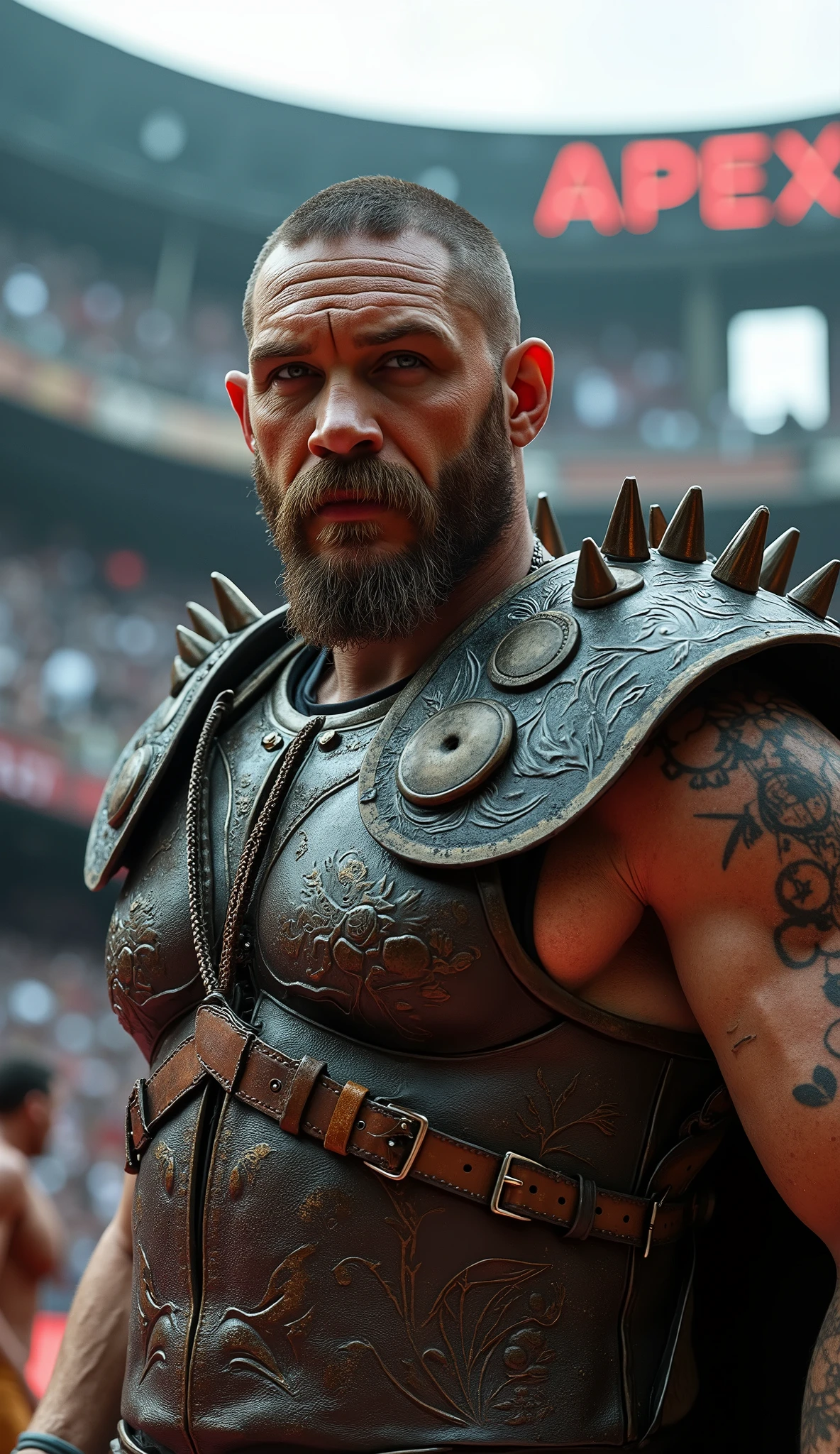 Ultra-realistic hyper-detailed portrait of Tom Hardy, waist up, as a futuristic Roman gladiator. Dark titanium armor with engraved details, spiked shoulder plates, leather straps, flowing black cape. Piercing eyes in perfect focus, cinematic facial lighting with dramatic shadows, visible skin pores and realistic beard texture. Background: cyberpunk Roman coliseum with massive neon sign 'APEX' glowing, blurred crowd dressed as gladiators. High-definition armor texture, photorealistic lighting, 8K resolution, masterpiece quality, cinematic depth of field.
