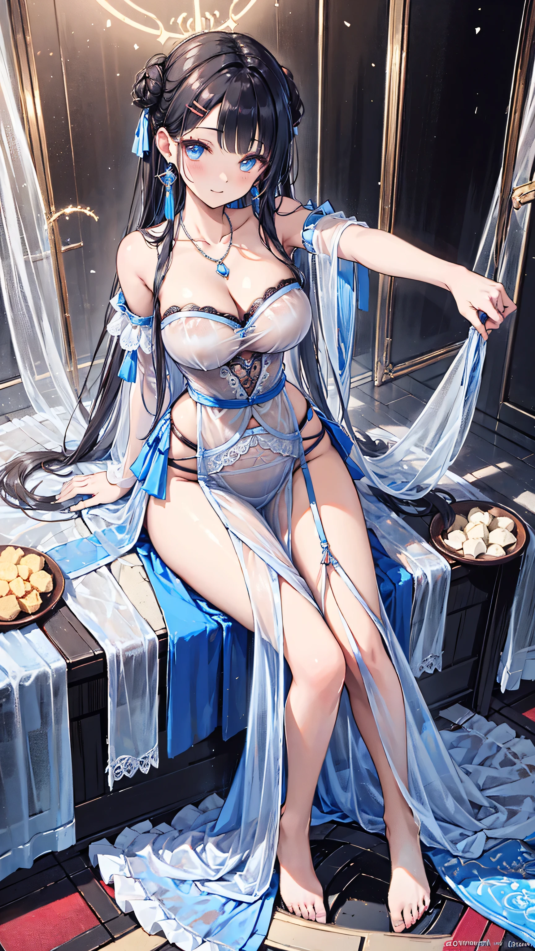 Masterpiece、need、1 woman、blue clothes、Traditional Thai dress, blue strapless、full body photo、ancient thai style、 White cloth buns, steamed buns、black hair、Leaky shoulder、The chest is large.、Long, slender legs、smile、black stockings、ริมฝีปากpinkอ่อน、Embroidered clothing、high-heels，(big tits),sexy, slightly seductive expression, big breasts,Show your breasts,The cracks are clear....,((big tits))，(pubic bone), rift, visible chest,seductive pose,I see bulging nipples.,(((large areolae:1.4,pink,The nipples are clearly visible.......)))