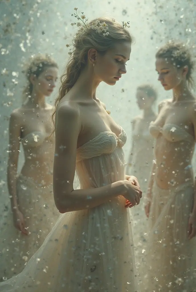 A mesmerizing double exposure photograph, a cinematic still featuring 2girls, curvy girls(large sagging breasts, thigh thicccs, wide hips), captured in high resolution 8K. The aesthetic photo showcases realism at its finest. Each curvy girl, adorned with freckles, heart-shaped lips(painted in bold pink, and wet, pouty expressions)-exudes a unique charm. Their emerald eyes contrast beautifully against their very pale, porcelain skin, glowing softly in the sunset.
((They are dressed in a dancer's attire is elegant and flowing, featuring a white /gold dress(with a high slit), and matching gloves)). tHeir outfit is designed for grace and movement.
Appearance: She has long, wavy blonde hair and a joyful, expressive face.
The photograph captures the cold and foggy night with its sad atmosphere, evoking a sense of impending oppression. The girls, each in various asymmetrical poses, are set against a background of soft focus and subtle haze, enhancing the quality of the image. The backlighting casts long shadows, adding a layer of horror movie effects to the scene.
Their pale skin glows softly in the sunset, accentuating their bold pink lips and piercing blue eyes that seem to pierce through the darkness. The bokeh effect softens the focus, while the red, orange, and yellow color palette theme adds warmth to the overall composition. The Dutch angle/tilt of the camera creates a sense of disorientation and artistic tension, making the photograph an intriguing piece of fine art photography.