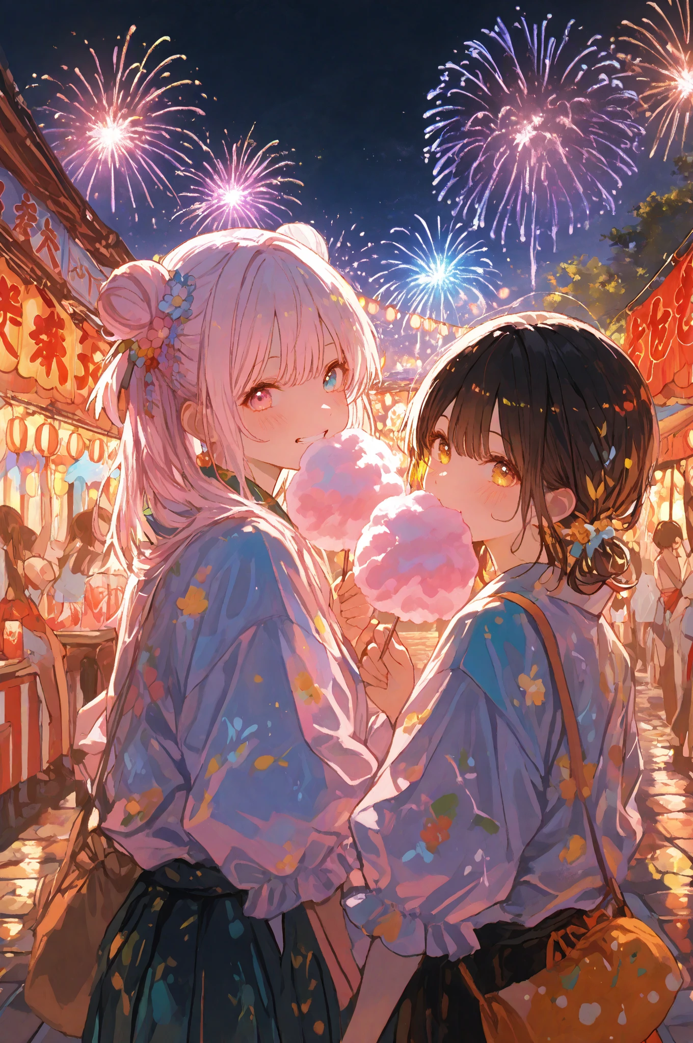 (Very detailed CG unified 16k wallpaper:1.1), (Denoising Strength: 1.45), Two girls sitting on the grass watching fireworks,1girl, cryptic_g, purple eyes, silver hair, gradient hair, twin braided hair,Beautiful and delicate eyes,,Dark purple with white hair, Fluorescent violet。Another girl with short black hair,White T-shirt,Neutral style, Beautiful detailed city night in the background,Fireworks in the night sky, Perspective Effect, Very detailed, Lots of details, HD semi-realistic anime CG concept art digital, illustration, (masterpiece:1.37), masterpiece, best quality,poster