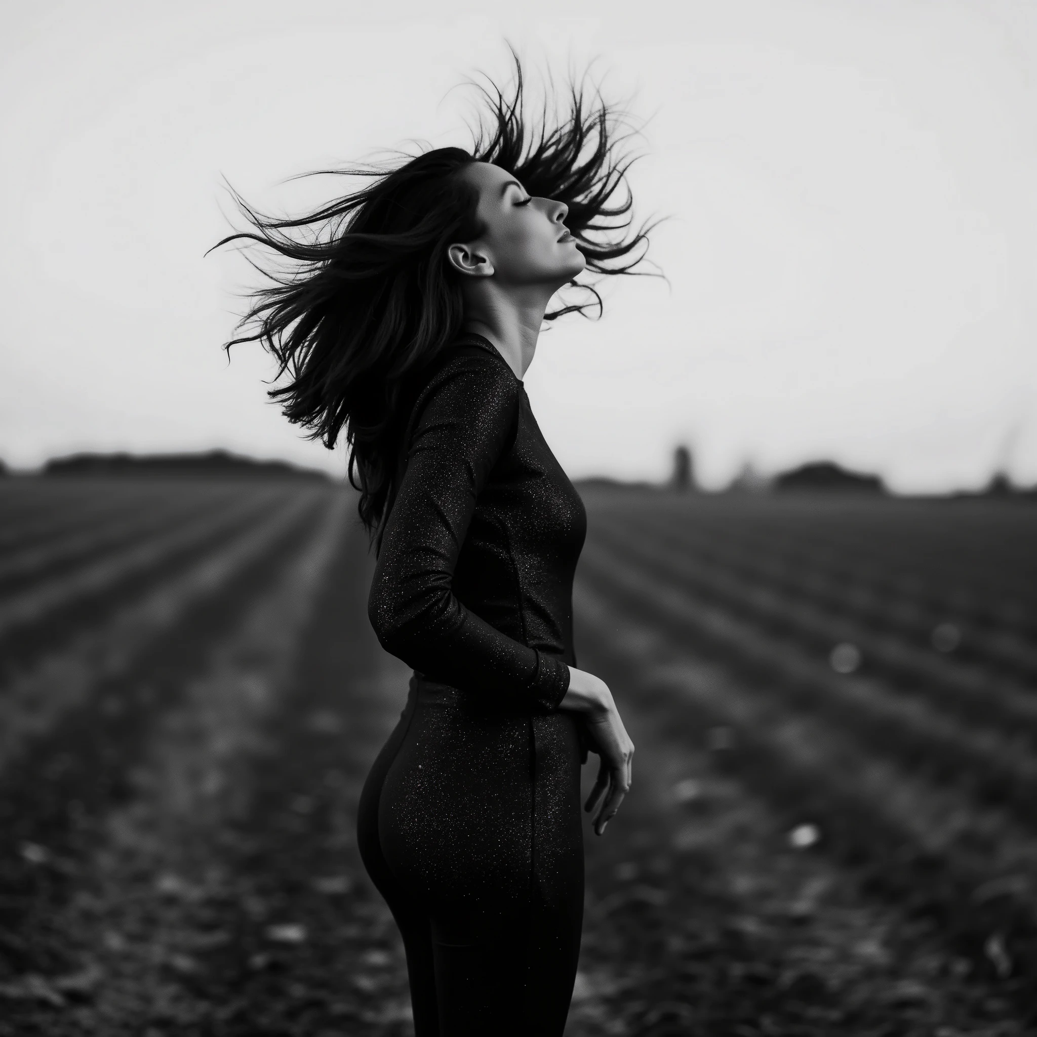 Ultra-realistic cinematic portrait of a woman standing in an open, freshly plowed field at dusk, wearing a shimmering black full-body jumpsuit with long sleeves and subtle metallic texture. She is captured mid-motion, dramatically flipping her long, jet-black hair in an arc, creating a sense of dynamic movement. Her head is tilted back gracefully, her expression partially obscured by motion blur, emphasizing the energy of the moment. The soft natural evening light bathes the scene, with a clear gradient sky transitioning from pale blue to warm horizon tones. Fine details in the textured soil and distant tree line are visible, enhancing the depth and realism of the image. Shot with a shallow depth of field, crisp focus on her body and hair strands, bokeh in the background, high-resolution photography style.