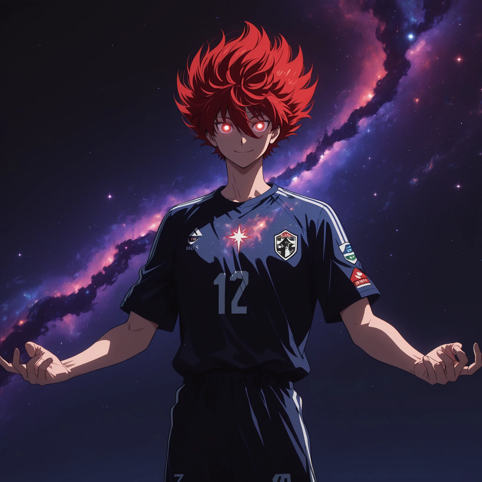 anime soccer player with spiky red hair, wearing a Japan soccer jersey (number 10), smiling confidently, standing heroically with arms relaxed, cosmic monster made of stars and galaxies standing beside him, fully visible, glowing eyes, cosmic energy, nebula and galaxy background, dramatic lighting, ultra detailed, high quality anime style, ,, clean background, 8k, sharp line art, trending on Pixiv and ArtStation
