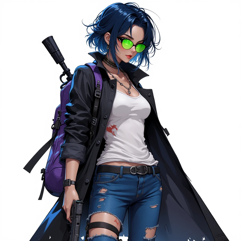 (masterpiece), (best quality), (ultra-detail), (masterpiece), (best quality), ((1female)), solo, gangster, athletic, smoking, scars on face, beautiful, menacing, (topwear:(suit(black))), (bottomwear:(jeans(blue))), full body, carrying weapons, standing, looking at viewer, dark-rimmed sunglasses, skull print