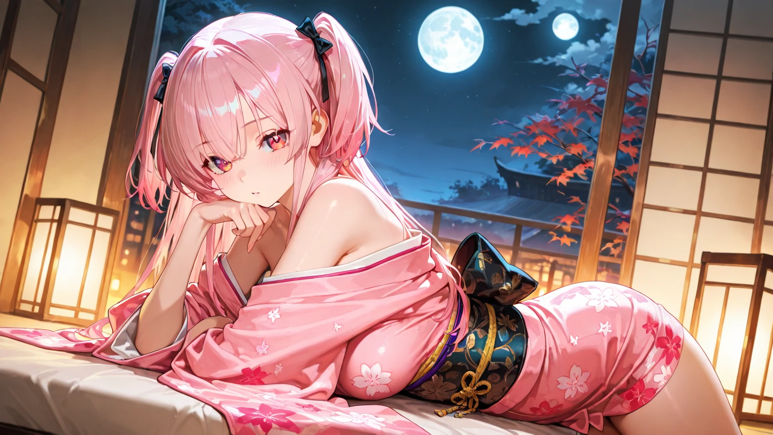 Chibi Samurai、cherry blossoms falling、Moon Night、Looking up at the moon、posterior view
