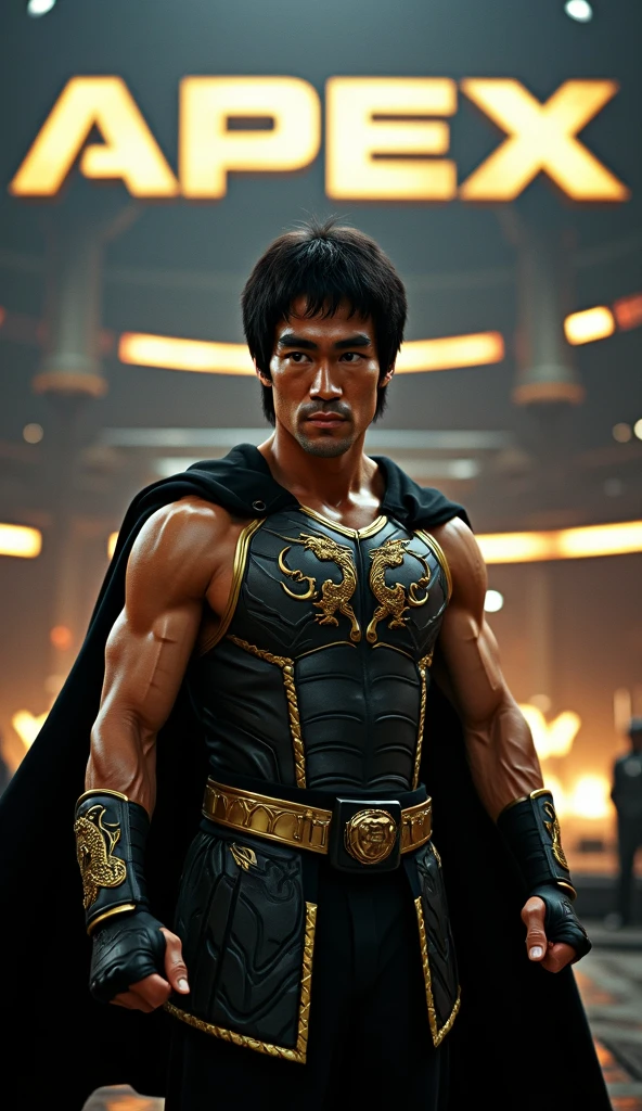 Bruce Lee, the legendary martial artist, and actor, wearing a golden metal armor with intricate black detailing. The armor covers his chest, arms, and legs, and is adorned with various patterns and designs. Bruce Lee's face is visible, and he is looking straight ahead with a determined expression. In the background, there is a large green dragon, with its wings spread wide, and its tail curled around Bruce Lee's legs. The dragon appears to be roaring, as if in support of Bruce Lee's formidable power. The dragon is surrounded by wispy clouds, which give the image a mystical and magical feel. --auto --s2