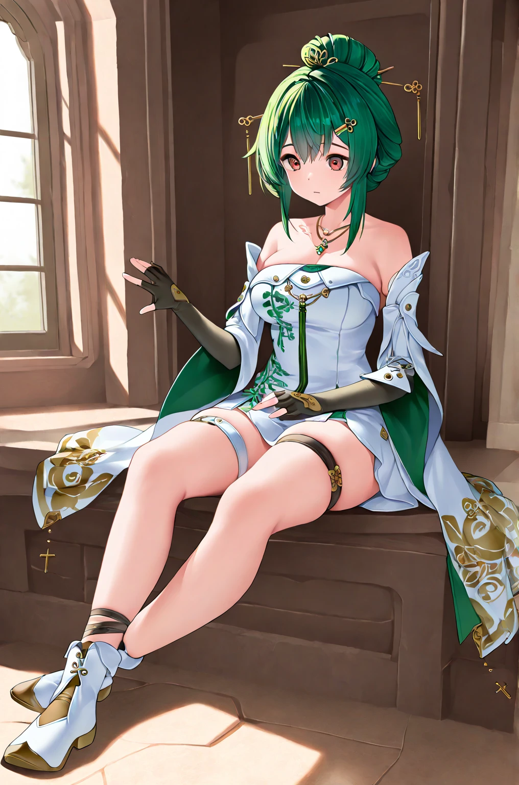 masterpiece, best quality,extremely detailed CG unity 8k wallpaper,

1girl,( olive green hair:1.3),solo,  very long hair,  looking at viewer, yellow eyes, bare shoulders,smile, socks,hair between eyes, elbow gloves, ( huge horns:1.1), black gloves, closed mouth,torn clothes, high heels, (white dress), (white boots:1.2), cleavage,(small breasts:0.5|medium breasts),( white socks:1.2), (wavy hair:1.3),( wreath on the head:1.2),

(Forest:1.2), (sea of flowers:1.1), sunlight,

wet lips, shiny,(beautiful detailed eyes),Ultra-detailed,intricate details,{detailed clothing}, {detailed background}, {extremely beautiful and delicate}, (very detailed), (wallpaper), highlight eyes,blush,

 (Highres), Amazing, intricate, illustration, (artgerm:1.2), (high contrast:1.2), (colorful), (an extremely detailed and beautiful:1.3), (cute:1.3),big round eyes,(detailed super oily shiny skin:1.2),(detailed hands and fingers:0.9),