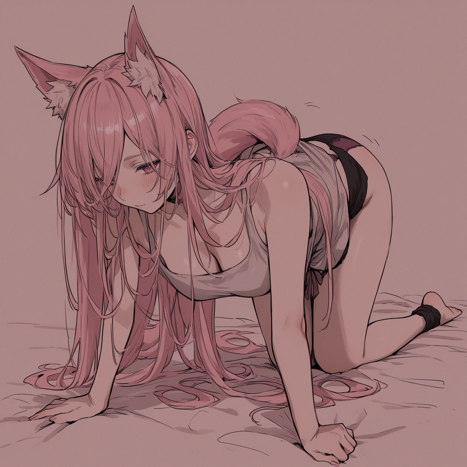 1girl, solo, long hair, pink hair, black choker, green eyes, eyeliner, gorgeous lips, cinematic, (masterpiece), (best quality), (ultra-detailed), very aesthetic, illustration, perfect composition, intricate details, absurdres, detailed face, motion blur, depth of field, (anime, masterpiece, intricate:1.3), (best quality, hires textures, high detail:1.2), (4k),(incredibly detailed:1.4) detailed skin, eyeshadow, fox girl, fox tail, fox ears, wet, nsfw, nude, lies on her back, depicts a cat