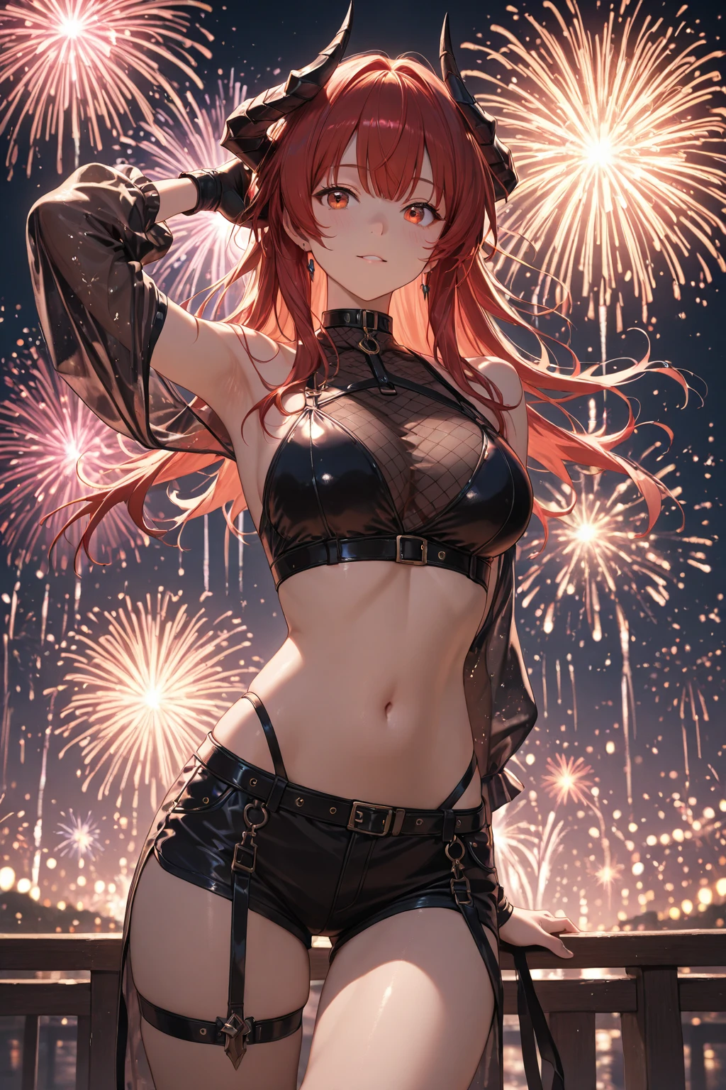 (anime style),masterpiece, best quality, extremely detailed,from side,from directly below,tanned skin,15year old,dark skin Beautiful body,bouncing_breasts,BREAK,bwet hair,for head,BREAK,smile face,lick one's lips,half open mouth,eyes half open,sensual face,detailed lips,BREAK,red ribbon,BREAK,ripped Cinderella costume,navel,slit down the side,break,head tilt,Night sky,coquettish pose,Detailed crotch,motion lines,girl on top,stomach to stomach,1faceless man,interlocked fingers,firework