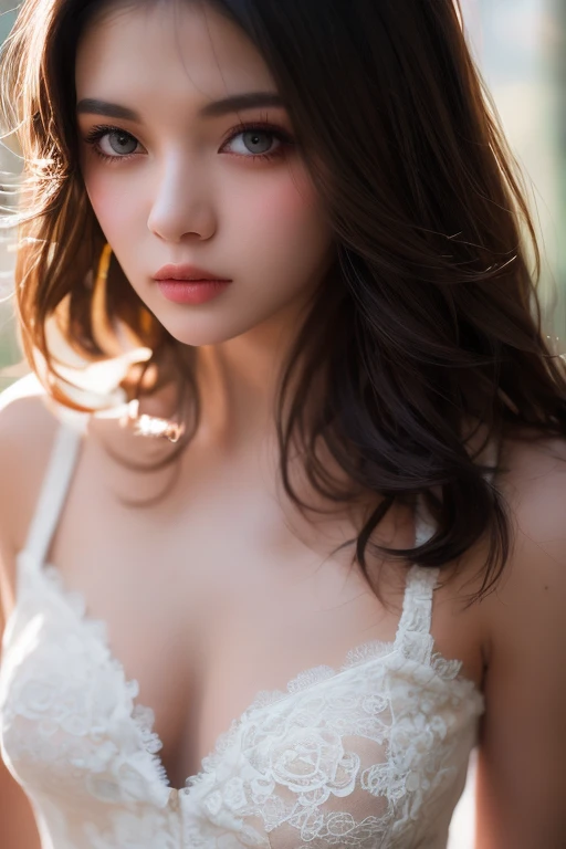 Highest quality, , Soft Light, Ultra-high resolution, (Realistic:1.4), RAW Photos, 1 Swedish girl, alone, The face is small,Baby Face、 Sexy pose、Short and busty、(A shy smile:0.5), (Brown eyes, Light in your eyes), (Updo)