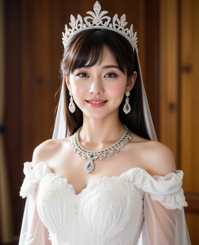 (((masterpiece:1.8))),(Tabletop,Highest quality,32K,8k,Extremely fine and exquisite detail,The most complex and detailed textures,Ultra-high resolution),(Princess in a pure white wedding dress:1.1),(The most gorgeous and luxurious pure white princess wedding dress:1.2),(Perfect Highest quality pure white wedding lace:1.1),(The most luxurious and highest quality giant tiara:1.2),(The ultimate tiara with a huge jewel:1.1),(Huge Jewelry Top End Necklace:1.1),(The most luxurious and highest quality giant necklace:1.2),(The most luxurious pure white wedding dress with lots of jewellery:1.1),(A gorgeous pure white wedding dress with intricate and beautiful details:1.1),The most luxurious and elegant decoration,Upper body photo,The most luxurious palace wedding,An elegant and modern palace,Luxury palace,Blurred Background,Upper body photo,Beautiful Eyes,Beautiful nose,Beautiful mouth,Beautiful neck,Beautiful clavicle,Beautiful shoulders,smile,The most luxurious palace wedding,Perfect dark makeup,White skin like a white person,Professional Lighting,Beautiful portrait,Your face is brighter