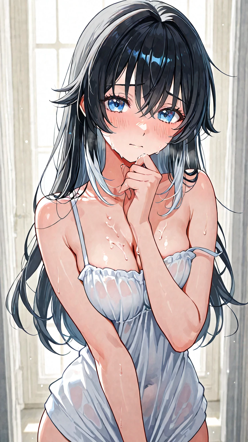 Yandere trance, curvy blue eyed girl with long wavy black hair and small breasts
