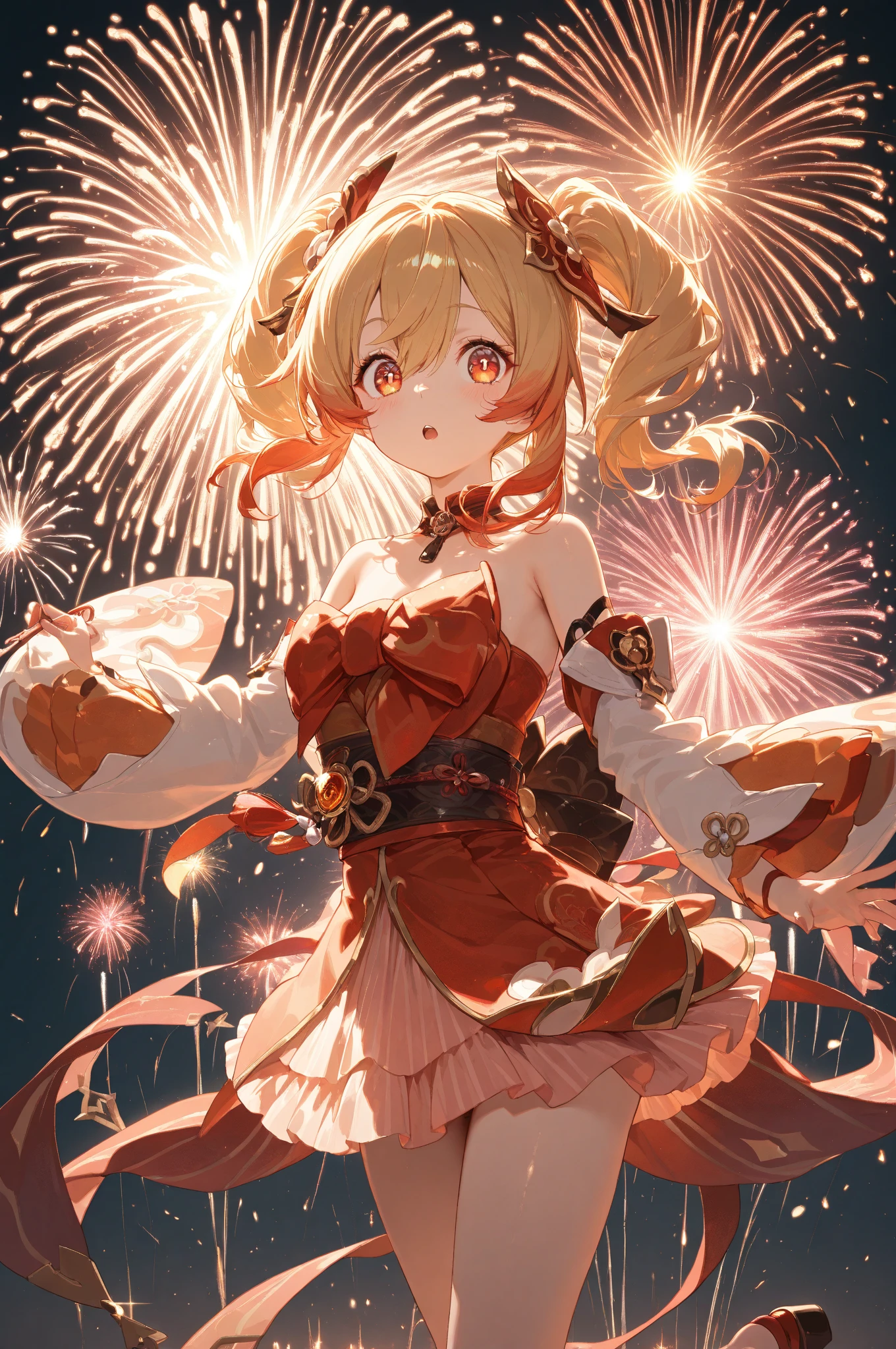 (Highest quality、Highest quality、Masterpiece、Very delicate、Very detailed、Exquisite、16K、Full HD)、1 female、(Evening Shrine、Genshin Impact)、(Orange mini skirt flare dress、Japanese style、Floral decoration、Skirt in the wind、ribbon、White frills)、Perfect body line、Glowing Skin、(Groomed eyebrows、Pink Lips、Orange Eyes、Detailed eyes)、(Golden Hair、Side Ponytail、Shiny Hair)、Dynamic Pose、Dramatic lighting、(firework、moon、inflammation、Starry Sky、Ocean)