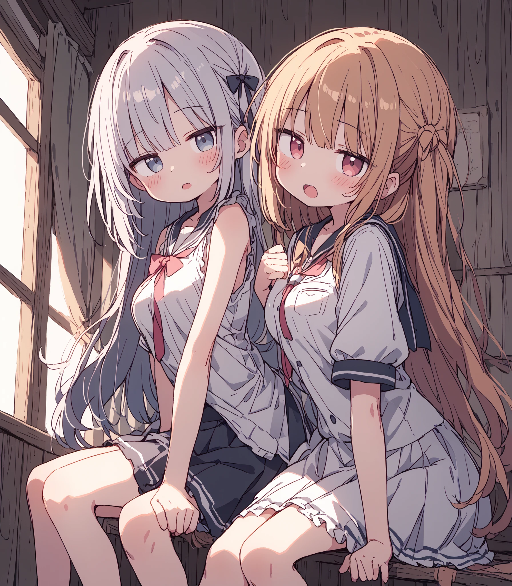 Girl with hair down to her feet、Her white Y-shirt was soaked and her breasts were visible through it、Cute white underwear visible through a red tanding posture、barefoot