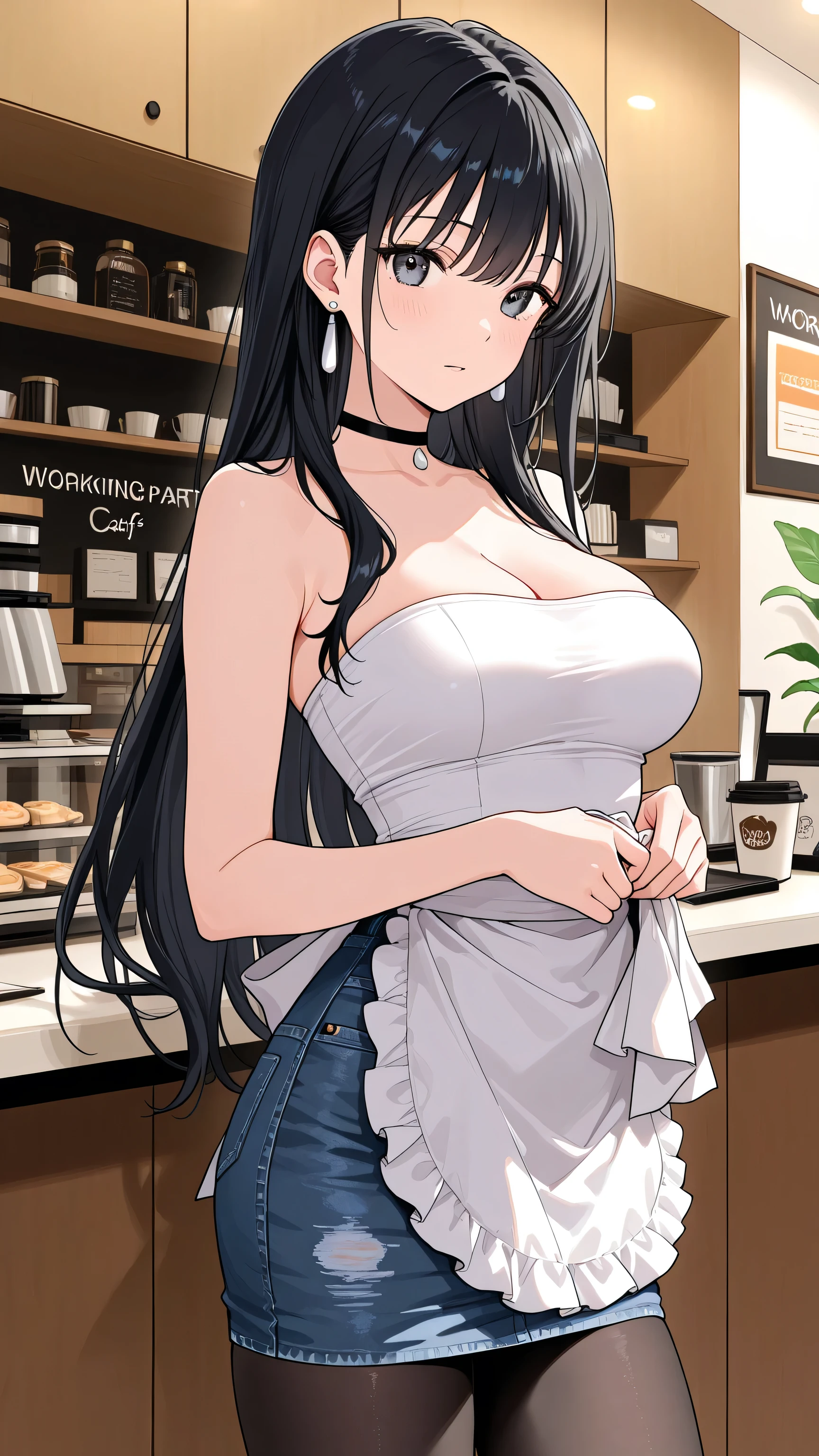 5girls, sisters, nakano sisters, , butterfly hair ornament, (naked:1.3), (white apron), large breasts, cleavage, thighs, cafe background, (blushing:1.3), sfw, lined up