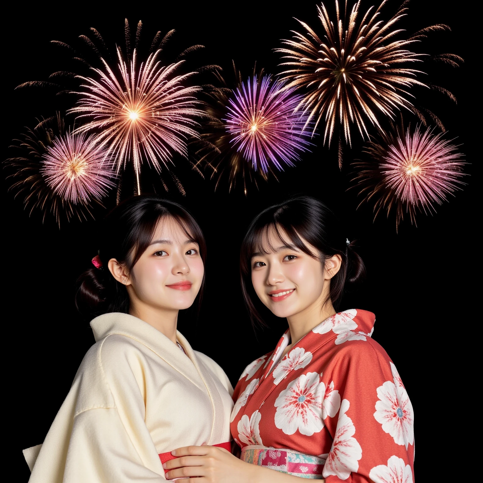 Japanese、Age 25、younger sister、Randomly generated people with diverse  features and hairstyles々、Perfect ,Ocean、Beach、firework、Night Sky、打ち上げfirework、yukata