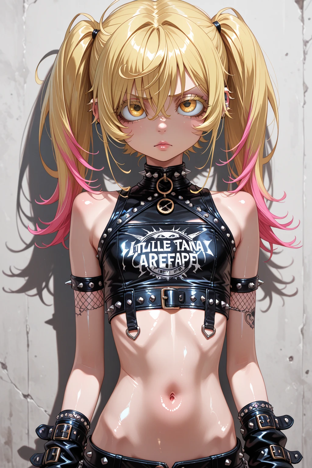 (masterpiece, best quality:1.2, perfect hands, parfect fingers, parfect face, high resolution, high detail, 4k,) 1 girl, (, little, junior, teen, teenage, student, little age, young, young age, green age, ), blonde hair, red hair, gradation hair, forehead, messy hair, piercing ear, white shirt, bare breast, tie, tight skirt, flat chest, ((dark skin)), (((skinny, ribs))), half open eyes, ((black eyeshadow, black shadow under eye)),