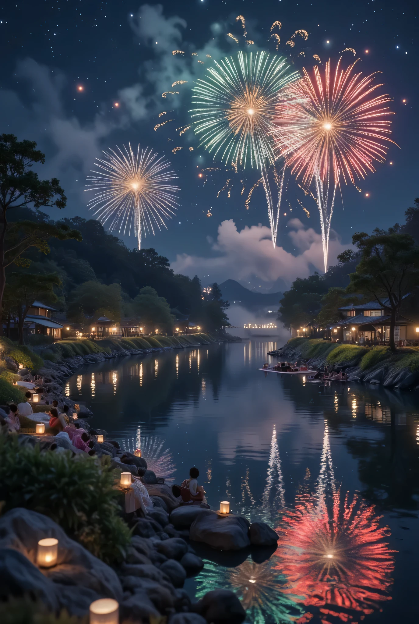 
Traditional Japanese summer fireworks festival (hanabi taikai) at night, set along a serene river in a small countryside town, fireworks bursting in vivid red, gold, and green against the dark indigo sky, reflections shimmering on the water, spectators in yukata sitting on picnic mats, paper lanterns glowing softly along the riverbank, mountains faintly silhouetted in the background, warm nostalgic atmosphere, ultra-realistic photography style, 8K resolution, sharp focus, high dynamic range, cinematic composition.


