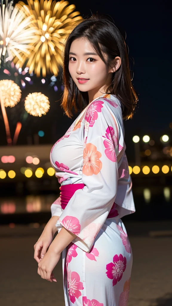 (masterpiece、high resolution、high quality)、Japanese beautiful girl:1.3、12-year-old elementary school student、Immature body、Beautiful body、Soaring、night、Laughter、Clear Eyes、、Beautiful Skin、(Red and white kimono、Sunny clothes、Long-sleeved kimono、Japanese style floral pattern:1.2、Her small breasts are exposed through her kimono.) , Black-haired , Japanese style hair ornaments、Her kimono is open and her naked body is visible.、 fully visible、Very beautiful and small breasts、Small breasts、Beautiful cherry-colored areola、Beautiful erect nipples、Small butt、Shaved、Cool Summer、nightの夏祭り、Fireworks display、Professional Photography、Random Hairstyles