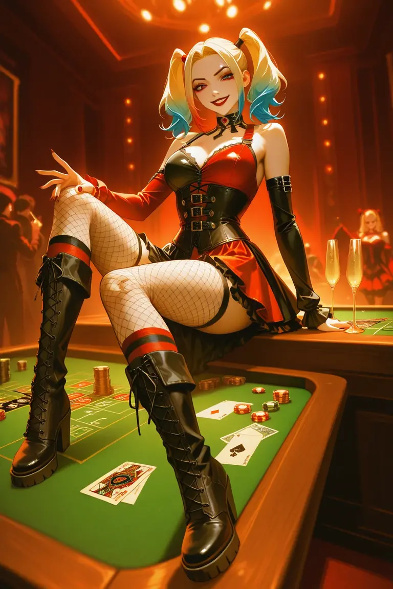 "(exquisitely detailed CG unity 8k wallpaper, masterpiece-quality with stunning realism), (best illumination, best shadow), (best quality), (elegant style:1.2), Arti modern anime. angled view, heroic pose, midshot, (cel-shading style:1.3), centered image, ultra detailed closeup portrait of Mad Moxxi from Borderlands, posing, (face closeup:1.6) (full body:1), (foreshortening effect:1) (tetradic colors), inkpunk, (ink lines:1.1), strong outlines, art by MSchiffer, bold traces, unframed, high contrast, (cel-shaded:1.1), vector, 32k resolution, best quality, flat colors, flat lights full zoom, action portrait, photorealistic. cinematic lighting, highly detailed. best quality, 4k, (Better hand:1),perfect anatomy, leaning forward, foreshortening effects, coy flirty sexy expression, foreshortening effect, (piercing eyes:1), surrounded by an ominous and dark atmosphere, accentuated by dramatic and striking lighting, imbued with a sense of surreal fantasy". (mature:0.5) (sitting on a pile of gold coins:1.2) vibrant colours, (small mini red velvet top hat with a blue and yellow feather:1.3), (white face makeup with pink cheek makeup:1.3) (gold coins and treasure:1) (gold coins scattered:1) (sexy sultry flirty expression:1) (white high heel boots:1.2) (elegantly crossing legs sitting:1) (red corset:1) (in a casino:1.5) (smiling:1) breast tattoo, weapon, makeup, hat, card, tattoo, lipstick, belt, earrings, fingerless gloves, lights, gloves, gun, red lips, top hat, holster, thighhighs, solo, leotard, striped, bare shoulders, large breasts, bracelet, spikes, looking at viewer, blurry, collar, spiked collar, heart, fishnets, mole, cleavage, showgirl skirt, swept bangs, thigh strap, strapless, playing card, heart tattoo, indoors, black hair, neon lights, feathers, handgun, strapless leotard, spiked bracelet, buckle, eyelashes, depth of field, bangs, eyeshadow, smile, thigh holster, lipstick mark, blurry background, detached collar, wavy hair, loose belt, money