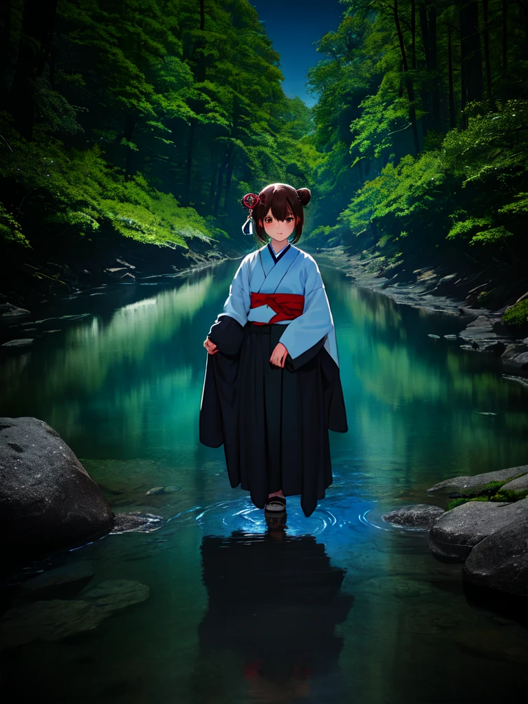Spirited Away、１０girl around the age、Short brown hair in a ponytail、Eyes are large、The expression is rich、Wearing a red kimono、Walking towards a tunnel in the forest、It&#39;s a little dark in the forest、It's drizzling