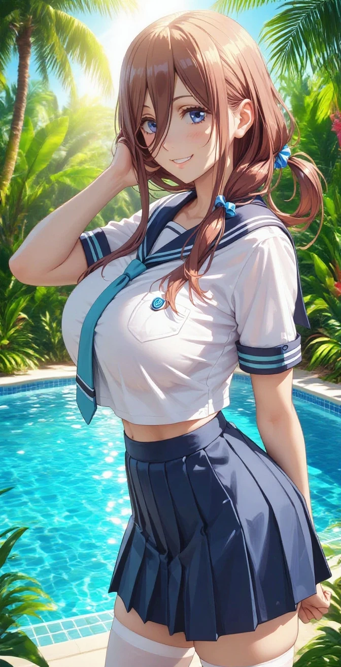 ((masterpiece, best quality, highres, UHD, perfect pixel, depth of field, 4k, RTX, HDR))), 1girl, single, solo, show off cleavage, beautiful girl, beautiful artstyle, ((long hair, bangs, brown hair, curly hair:0.8)), ((Detailed beautiful eyes, beautiful eyelashes, realistic eyes)), ((detailed face)), ((smooth texture:0.75, realistic texture:0.65, photorealistic:1.1)), large breasts, dynamic angle, perfect body, ((cowboy shot, pov)), ((( Sheer sailor shirt, Sleeveless, Open front))), (((Navel ))), (((Sheer Micro Mini Skirt))), smile, poolside