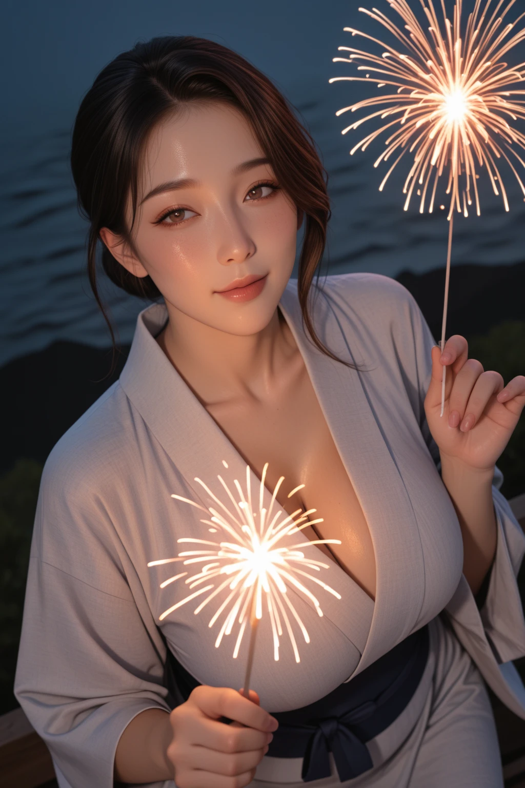 masterpiece, best quality, ultra quality, high quality, realistic, photo realistic, warm lighting,natural lighting,cinematic lighting,RAW photo, hyper detailed, intricate detailed, perfect anatomy, Fujifilm XT3,(cowboy shot),1 woman, Japanese beautiful woman,babyface,(brown very short Bobcut hairy over one eye,
((wearing flower patterned yukata, obi)),(small breasts:1.2),(slender body:1.2),sweaty, closed mouth, tan skin,sunburn tanline,smile,brown eyes,looking at viewer,(park),(night),((fireworks)), (medium shot),from head to knee shot,standing,nipples slip,
