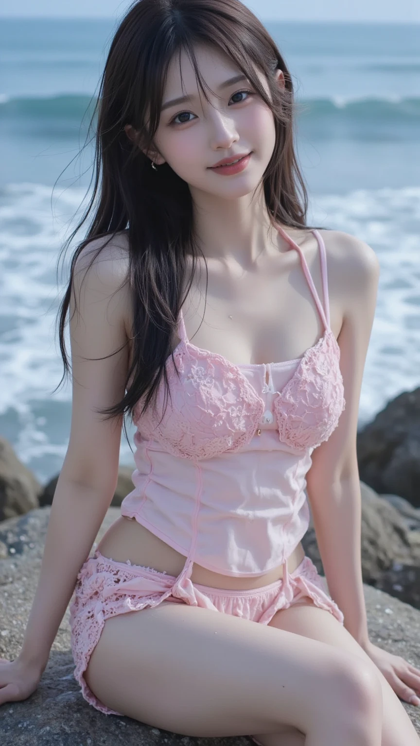 A nude beautiful Asian girl wearing short pink dress, reposing on grass in a flower garden, smirking, showcasing medium size breasts, thighs, lower underwear.