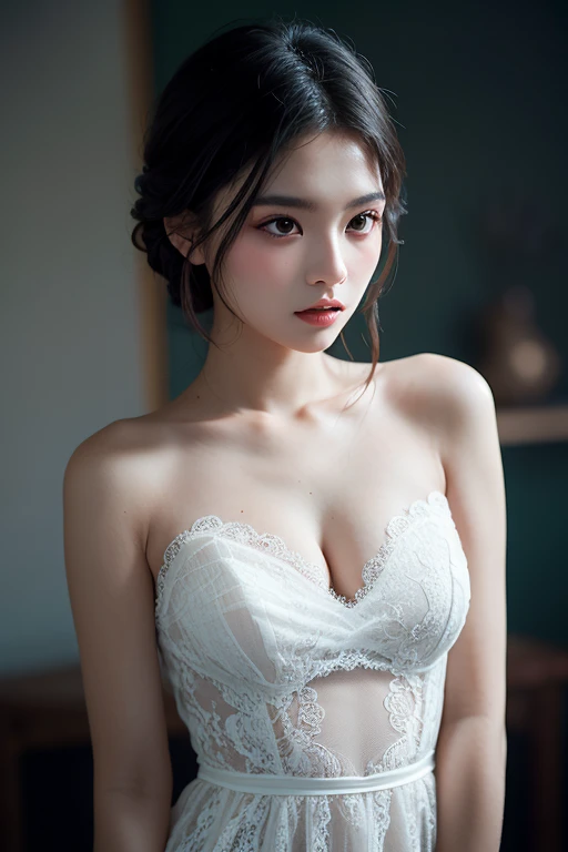 1 mature asian woman in white underwear, glassy eyes, ultra realistic eyes, detailed rendering, realistic skin, beautifully detailed eyes, beautifully detailed lips, highly detailed face and skin, slim figure, graceful pose, elegant and sophisticated, youthful, seductive, porcelain skin, Japanese female idol, realistic, high resolution, 8k, photorealistic, bokeh background