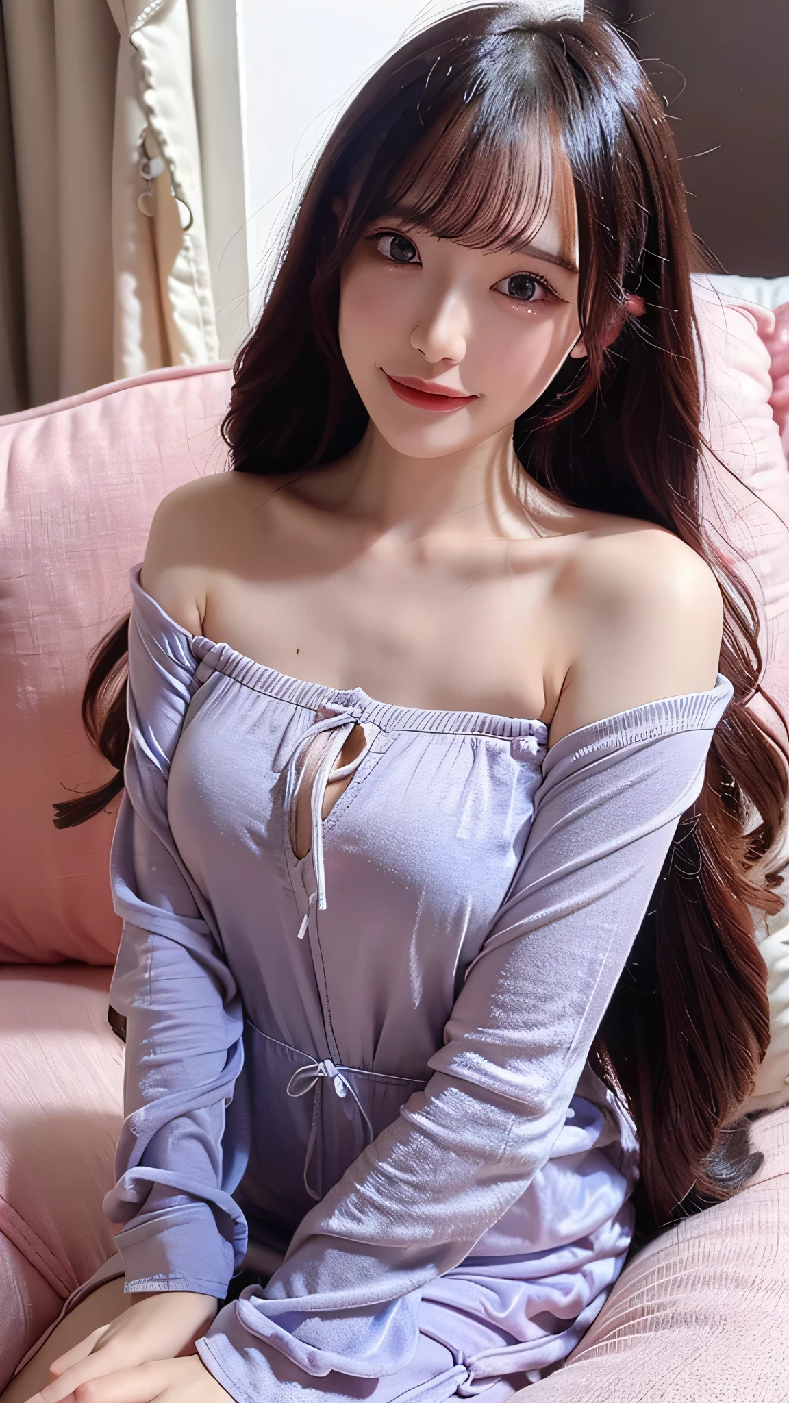 A Chinese woman on off-white wall background, fluffy hair, delicate face, realistic, real, slender, large aperture, wearing a light purple dress, round neck dress, off-the-shoulder dress, tight dress, with necklace,