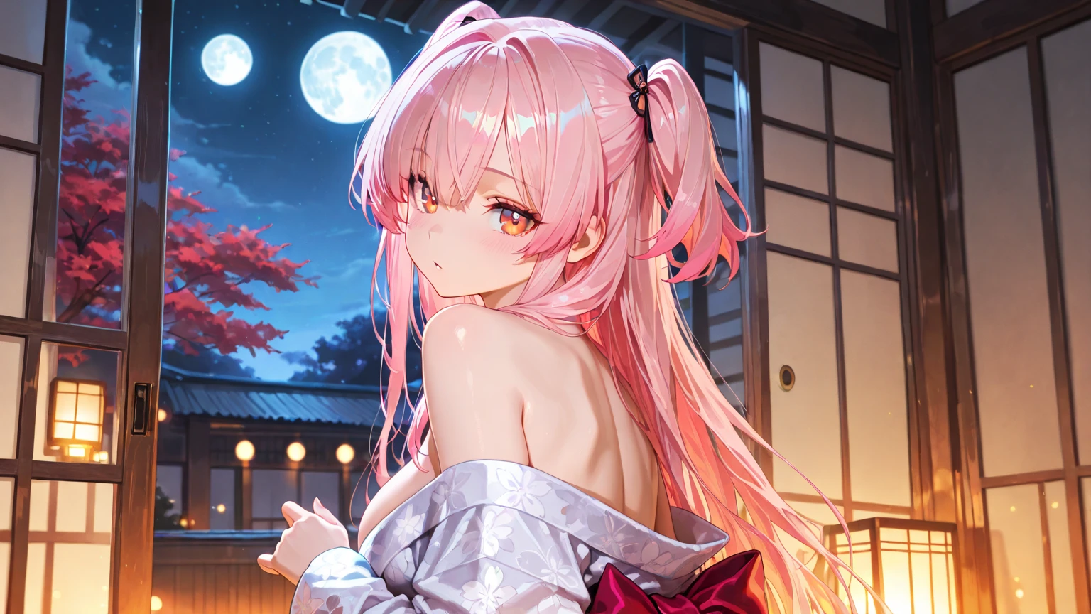 1 girl, (ulzzang-6500:0.7), kpop idol, Yaemiko, bikini, Detached sleeves, bare shoulders, pink hair, long hair, bikini, best quality, (:1.5), (hair accessories:1.35), jewelry, purple eyes, earrings, breast, torii, Cherry blossoms, lantern light, depth of field, Detailed face, Face focus, ribbon_manicured, (looking at the audience:1.25), Non-traditional witches, shiny skin, long sleeves, Smile, thick lips, Game CG, hands on lips, east asian architecture, (blurred background:1.2), sitting, Upper body, bikini