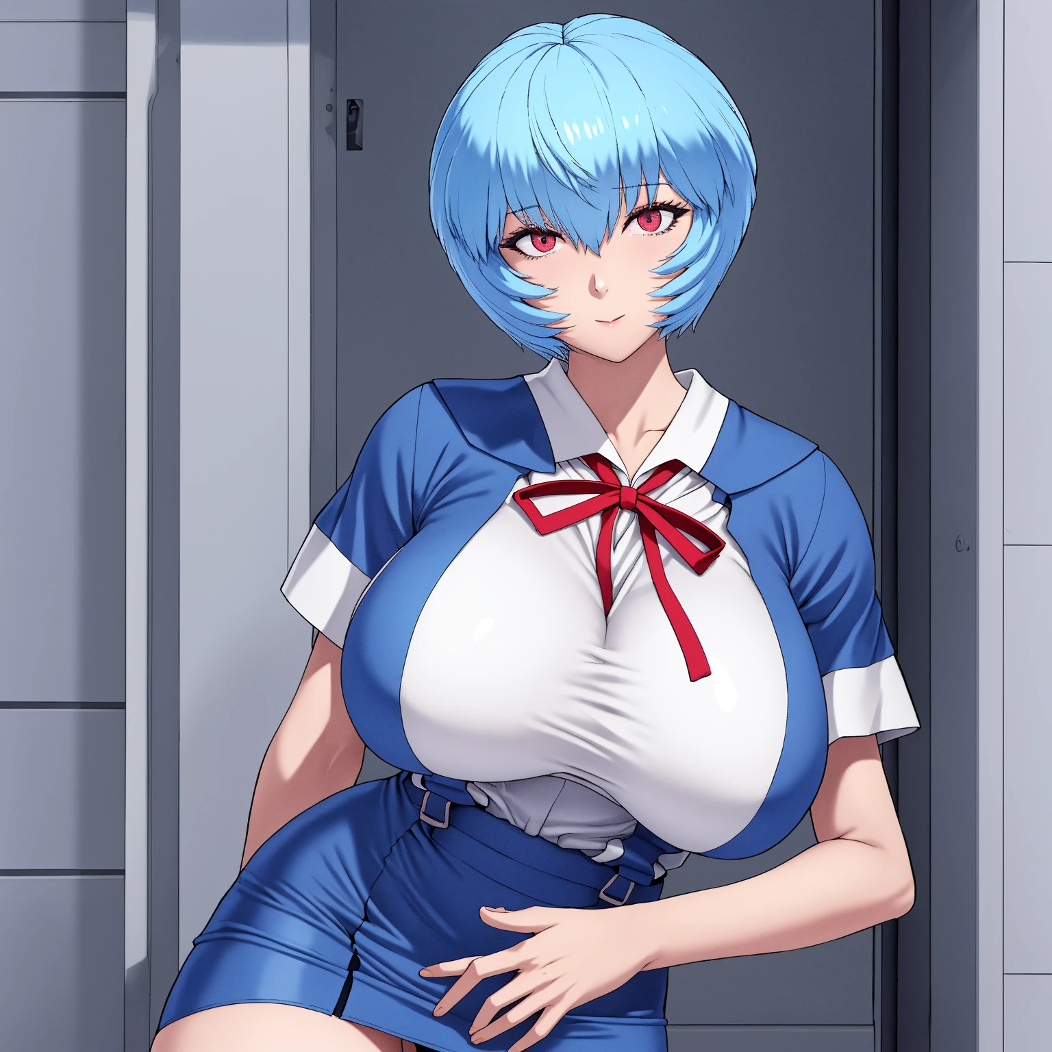 ((masterpiece)), ((photorealistic)), ((8k wallpaper)), ((best quality)), ((perfect quality)), solo, (detailed eyes:0.9), girl, blue short hair, Ayanami Rei, very beautiful, side view, pose: ( sitting on chair, view from side), face : ( (very beautiful face), asian, japanese, (perfect face), (round face), cute face, young ) , figure: ( very full body, very thick, ((very chubby)), ((very wide waist)), ((very chubby belly)), soft jiggly body, fat rolls, belly rolls, belly overhang, very soft, very curvy, (big breasts), sexy, sexy pose, ((big deep navel)), ((love handles)), fat thighs, long legs, fat ass, ((muffin top)), thunder thighs, fed up) , clothes : ( tight white microbikini )