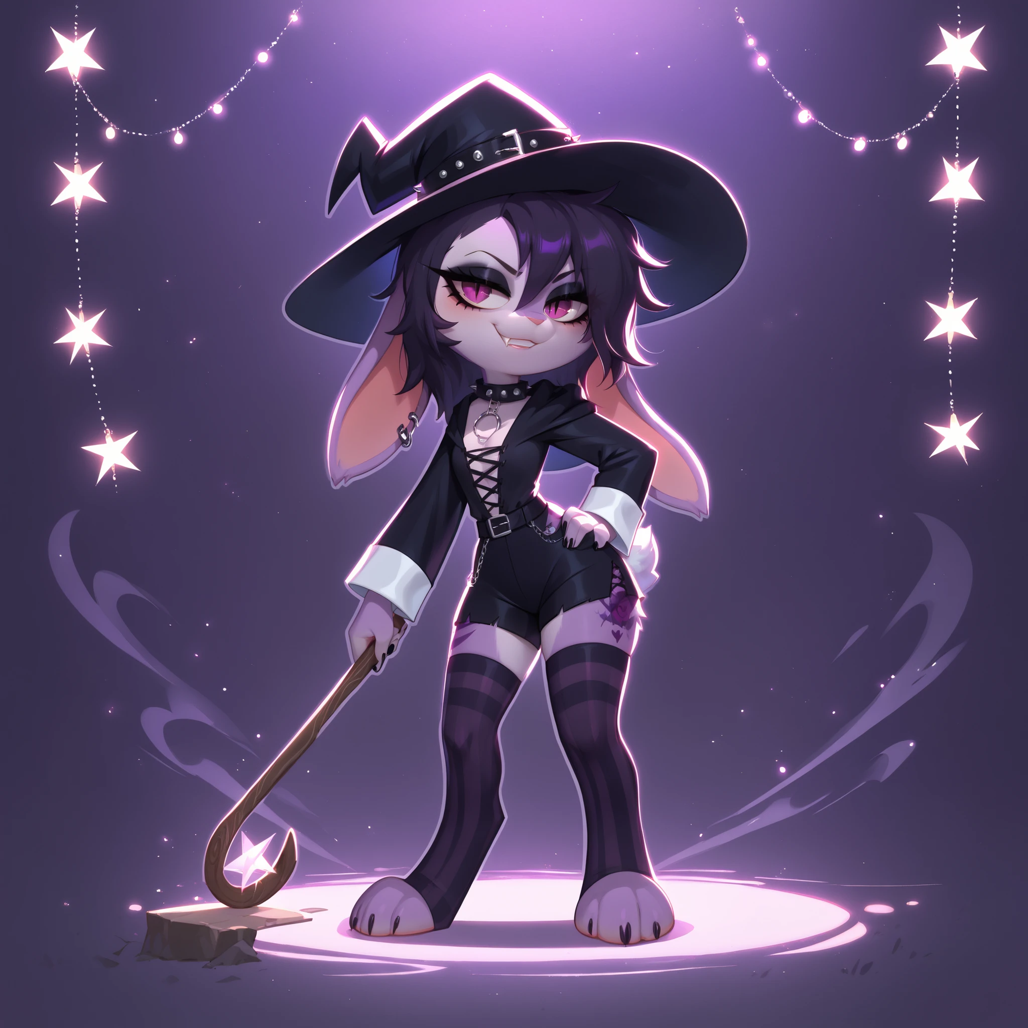 (score_9, score_8_up), score_7_up, score_6_up, best quality, highest quality, Goth girl, bunny, furry, anthro, standing posed, solo, official style, (witch hat), bunny, (body fur), (purple body, black skin, purple fur), eyelashes, eyeliner, (black hair, purple hair, streaked hair), (messy hair, wild hair), animal ears, slit pupils, expressive eyes, beautiful eyes, smirk, fang, purple stripes, punk, piercings, collar, stockings, paws, uncensored, detailed background, floppy eared bunny, wearing comfy goth punk clothing, puffy little bunny tail, wearing comfy shorts, in a gypsy carraige, using magic, uv lights, surrounded by mist and potions, gypsy vibes