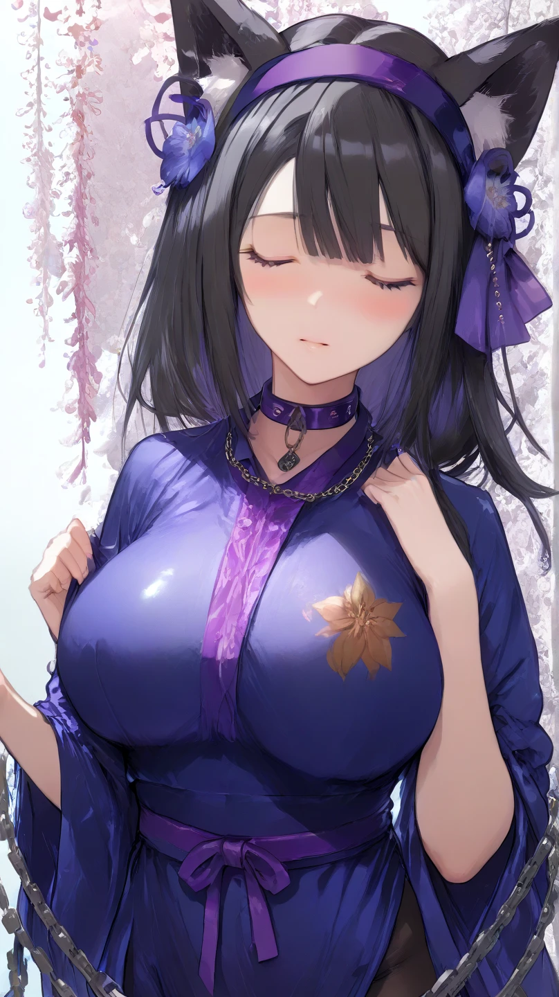 1girl, animal ear fluff, animal ears, bangs, blunt bangs, blush, bodystocking, breasts, brown hair, choker, collarbone, covered nipples, fox ears, hair ornament, huge breasts, japanese clothes, kimono, large breasts, long hair, looking at viewer, open clothes, parted lips, purple eyes, see-through, simple background, solo, thick eyebrows, upper body, white background, wide sleeves,(shiny skin),realistic