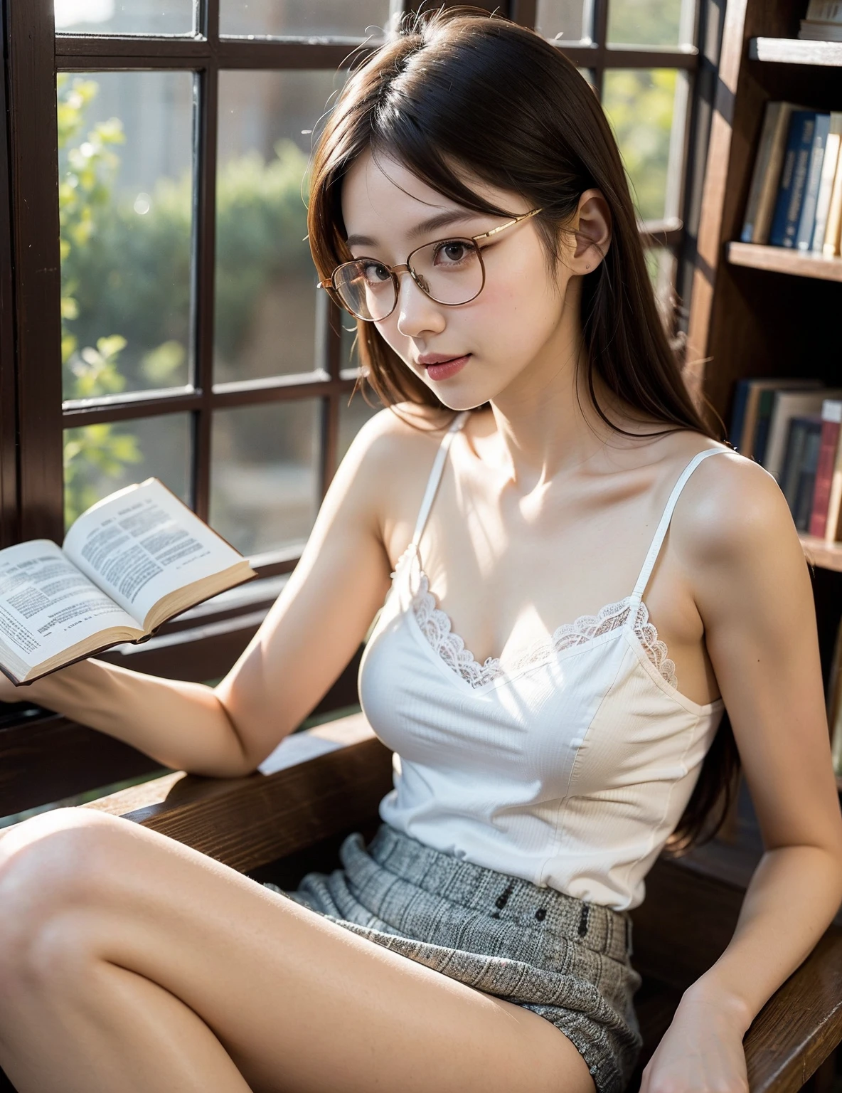 (RAW photo:1.2), (realistic), beautiful detailed girl, highly detailed eyes and face, thin and beautiful eyes, huge file size, High resolution, very detailed, highest quality, [table top:1.6], shape, very detailed, small details, highest quality, 8k wallpaper, movie lighting, 15 years old, junior high school student from Japan, at the library下着姿でポーズ, underwear only,  wearing glasses, Braid hairstyles, Her shirt is open and her white bra is visible..,  I can see your underwear,　Her skirt is hanging down and her white pants are visible...,  serious expression, i read the book,  slender body, immature body, young face, small breasts, White underwear exposed,  at the library, bookshelf
