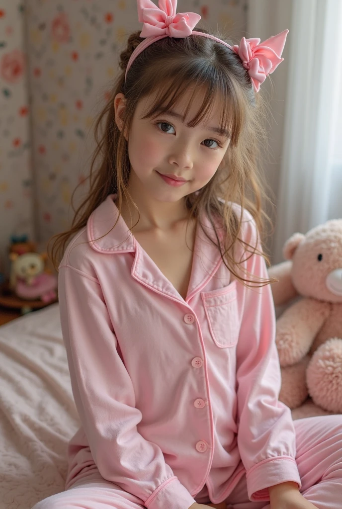 Japanese,10 years old,innocent face,teenage girl,cute,primary school student,childish pajamas,summer clothes,short sleeve,sitting,triangular sitting,hair clip