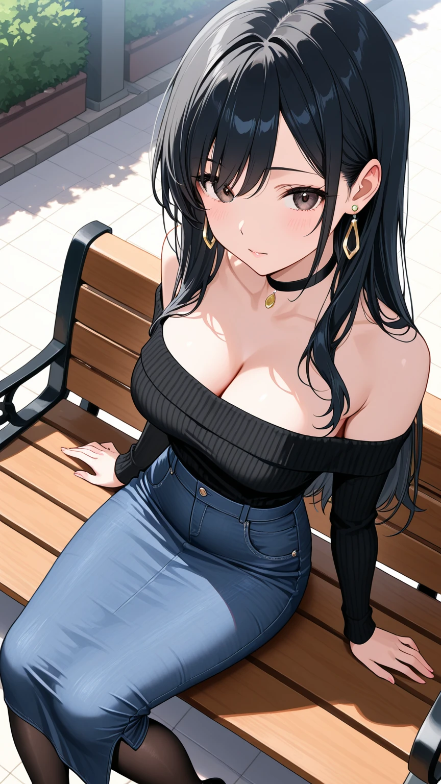 (masterpiece), best quality, expressive eyes, perfect face, mature woman, long hair, blue hair evening dress, silver dress, huge breasts, cleavage, bra, outdoors, sitting on the bench, crossing legs,