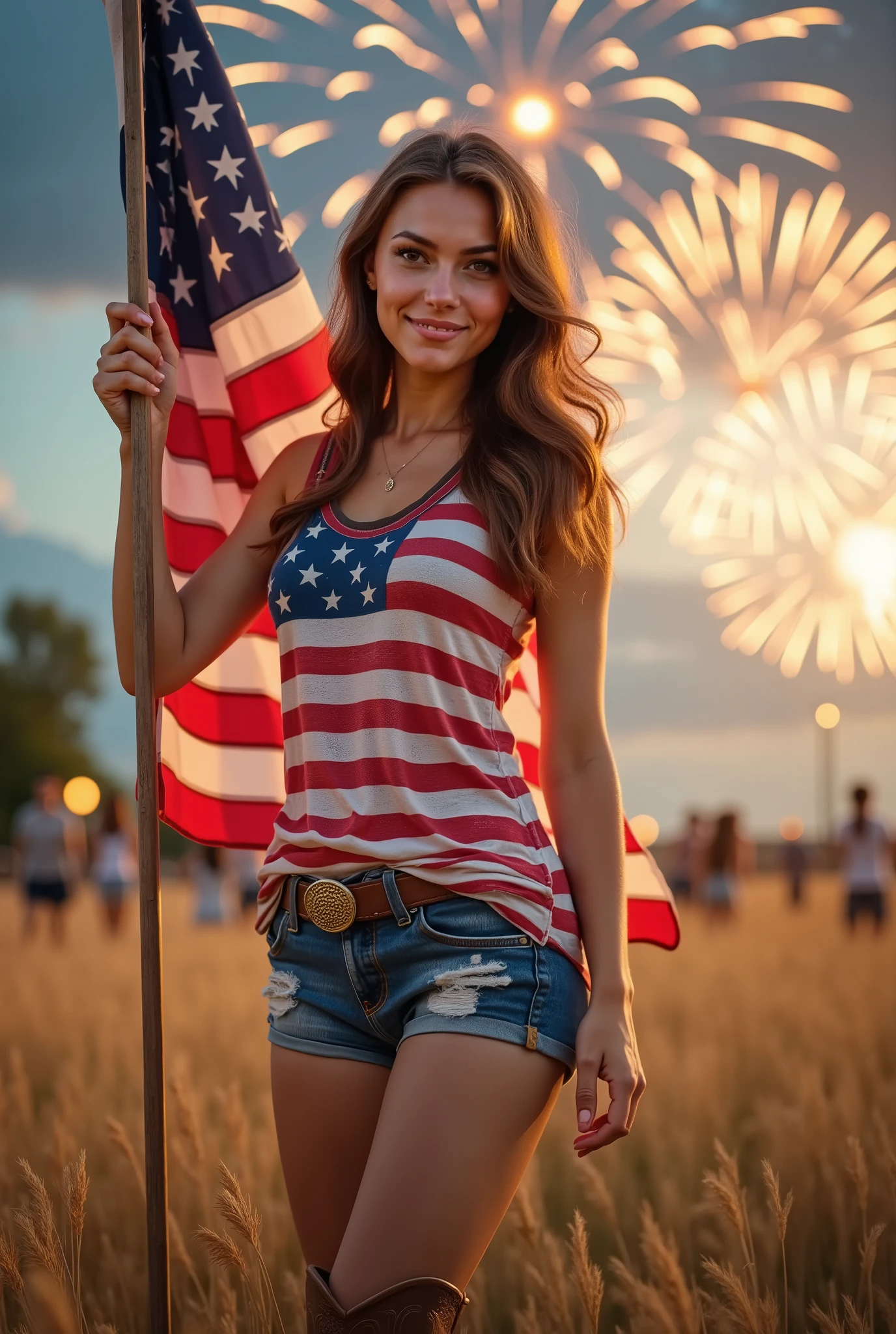high detail (photorealism:1.2) young woman standing and carrying an American flag on its top corners with her hands. She is smiling at camera. She has brunette hair, freckled cheeks. She is wearing a patrotic themed sleeveless shirt, shorts, western boots that goes to under her knees. A huge Fourth of July fireworks show is happening in the background.
