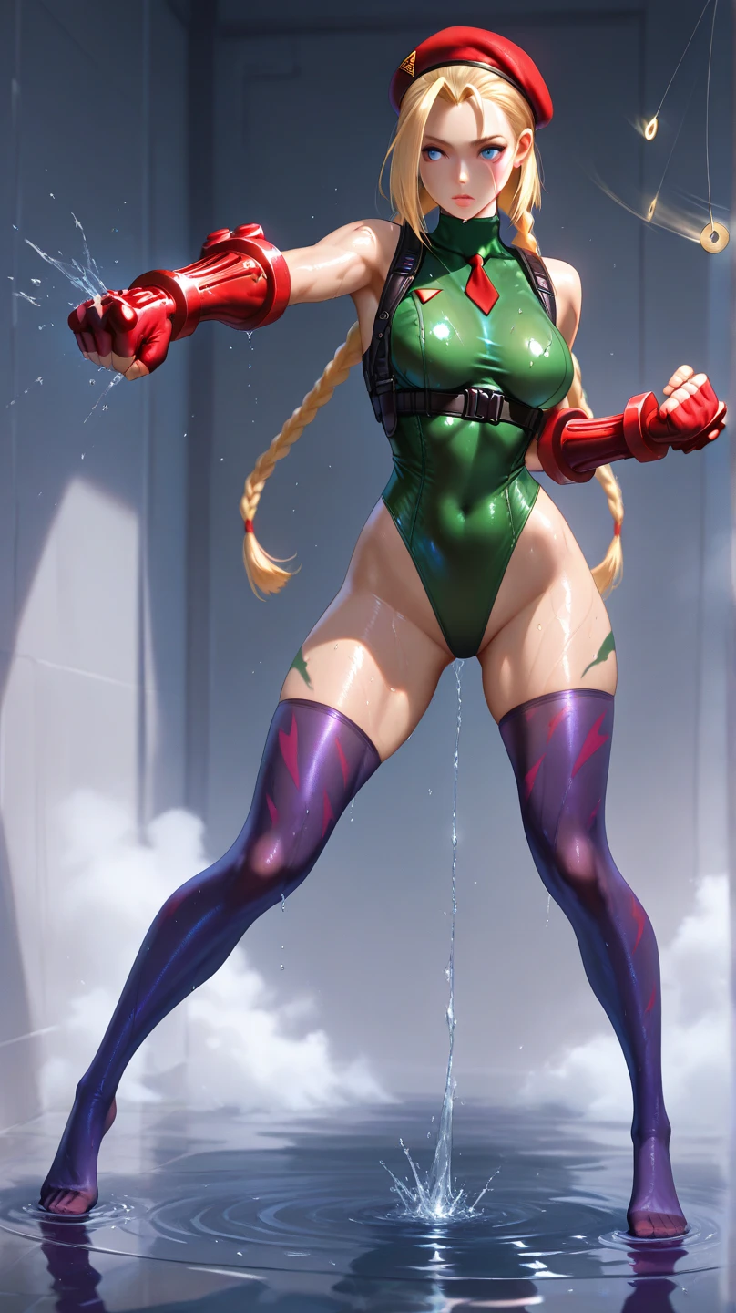 Cammy, BLUE EYES, BLONDE HAIR, VERY LONG HAIR, (TWIN BRAIDS), rED HEADWEAR, (GREEN LEOTARD:1.2), FINGERLESS GLOVES, HARNESS, THIGHS, RED SOCKS, BLACK FOOTWEAR, medium breast, (full-body:1.2), (realistic:1.2), (realism:1.2), (masterpiece:1.2), (best quality), (ultra detailed), (intricate), (85mm), light particles, lighting, (highly detailed:1.2), (detailed face:1.5), (gradients), sfw, colorful, (detailed eyes:1.5), (detailed background), (rule of third_composition:1.3), wide shot, daylight, solo.
