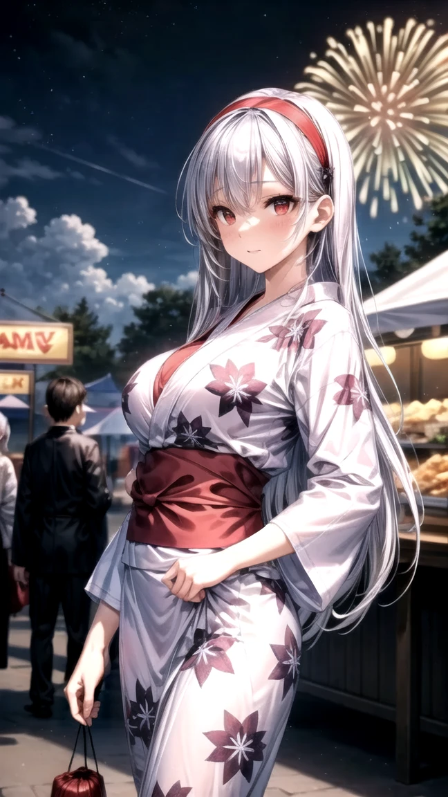 HighestQuality、One girl、has silver hair、Longhaire、Purple yukata、smile on face、Hand on chest、large tits、Emphasis on the chest、beauty legs、Small face、Big eyes、Hair fluttering in the wind、Summer Festivals、夜晚、Background blur、Few people、A masterpice