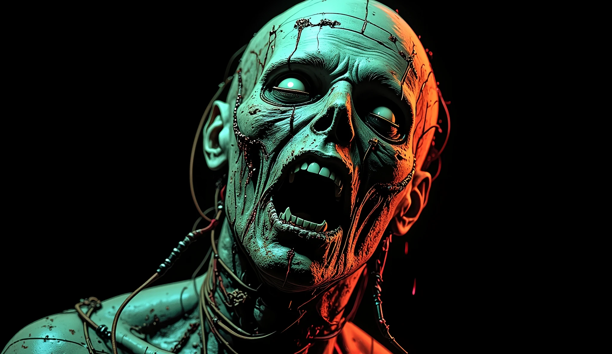 <lora:RPGWight:1.0> wight:1, ((medium range)), solo, red eyes, bloody, moss, dirty, rotting decaying flesh, dark cinematic lighting, (urban alley: 1.5), trash cans, rats, roaches