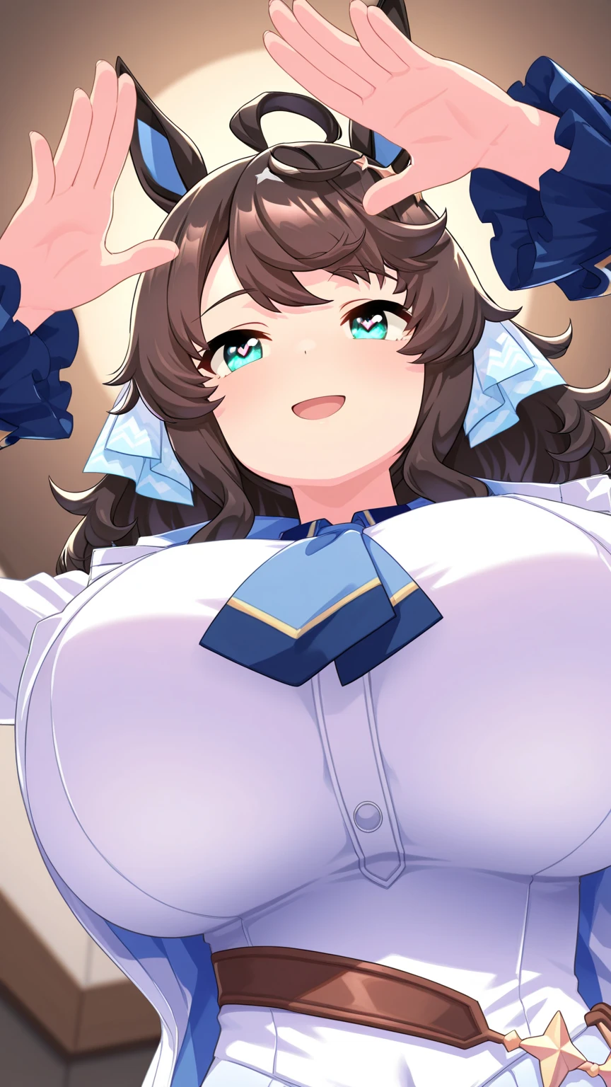 White suit,Big Breasts,Super Breasts,Brown Hair,Long Ponytail,Smile