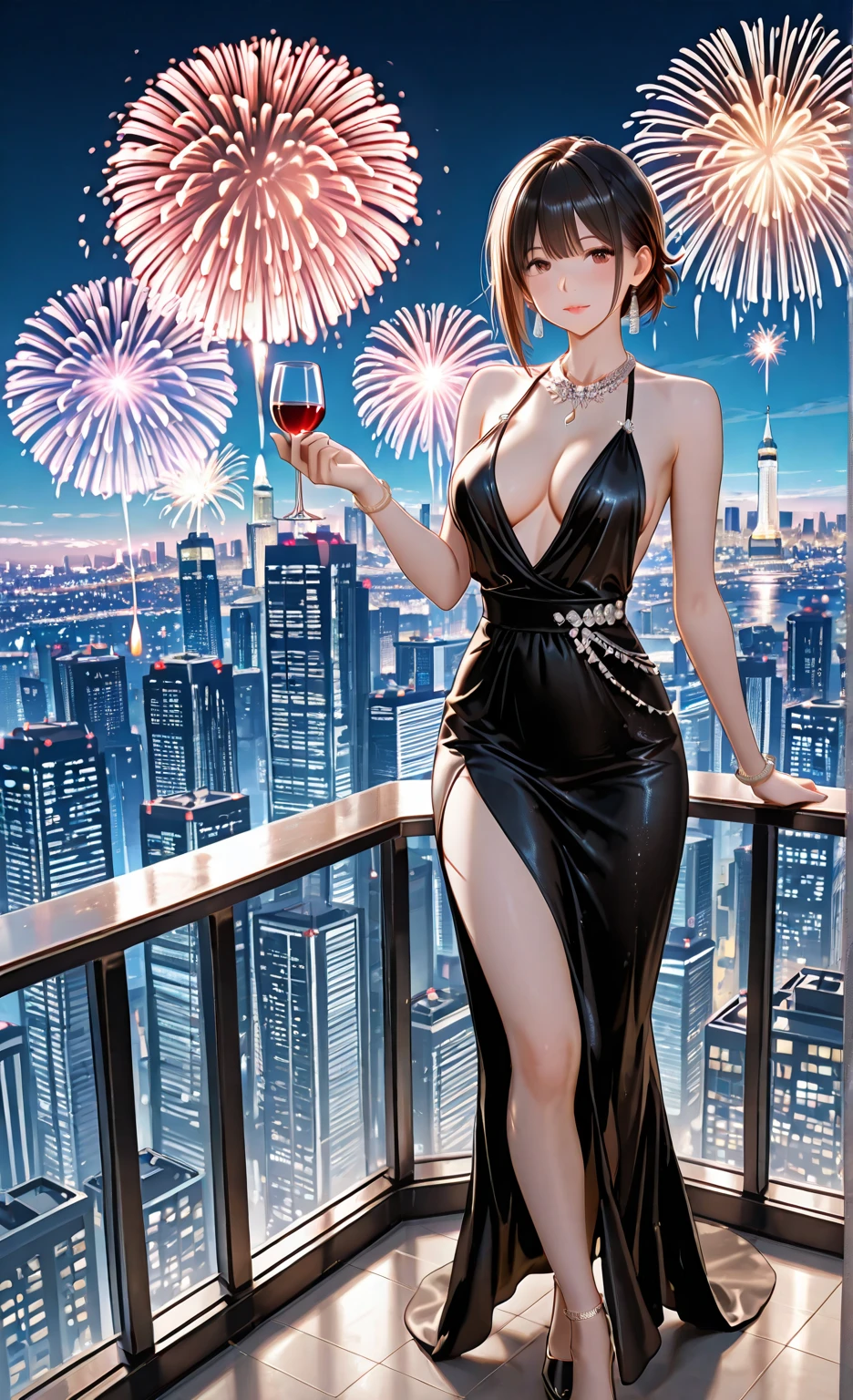 Samsung Sam, medium breasts, lush breasts, voluminous breasts, elastic breasts, five fingers, detailed hands, short brown hair, smiling, new years eve, fireworks, tight black dress, visible nipples, drunk, holding champagne glass, midnight, on balcony in city, pulling down panties, naked