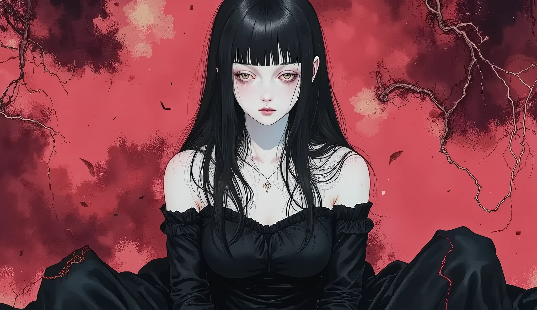 (((nsfw))),1girl,solo,black hair,wearing black dress,doll-like,melancholic,depression,pale skin,dramatic,vivid color,horror and beautifull,by gustavklimt