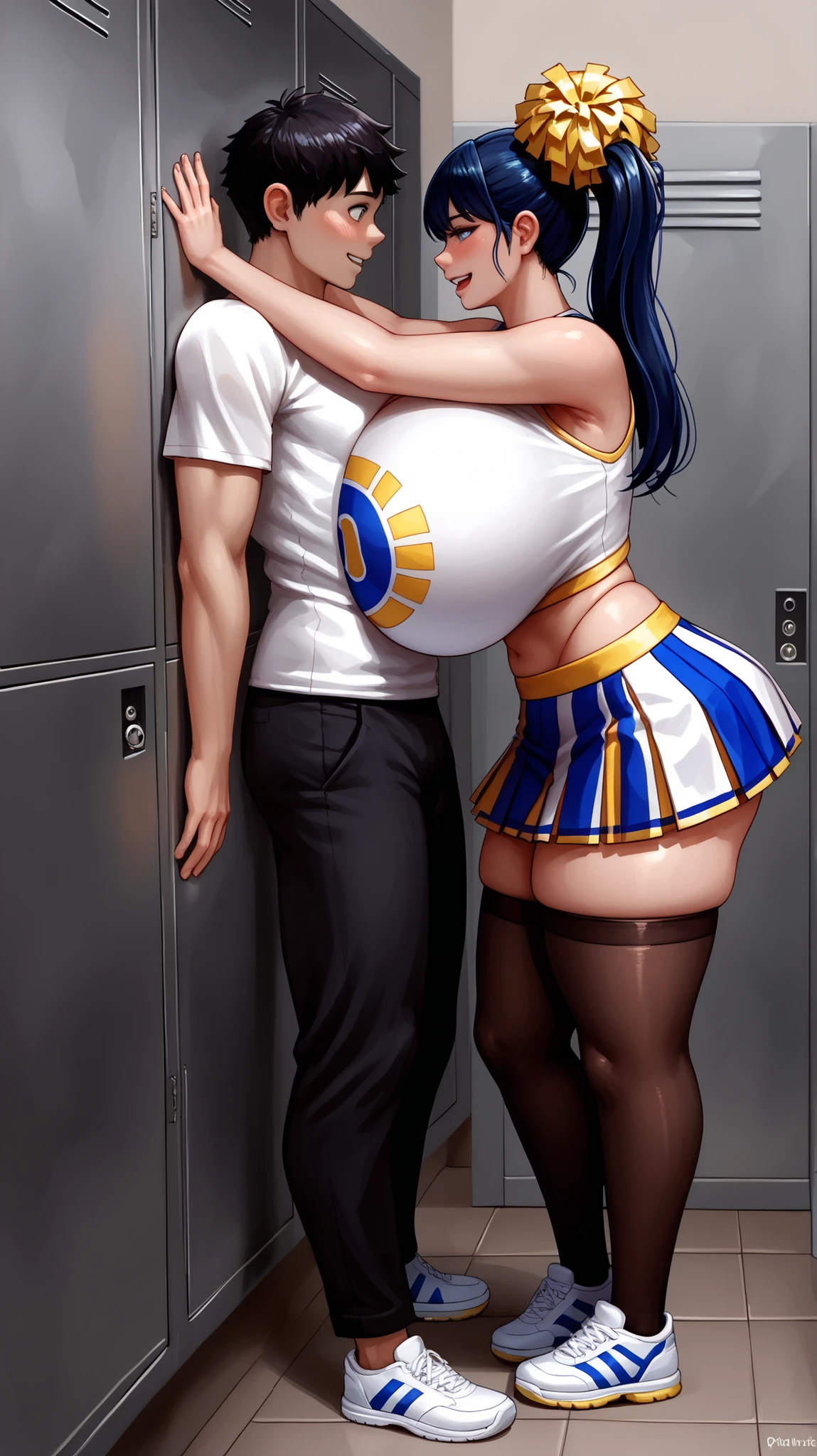 fdom_awall,rhand_wall,breast press,1girl 1boy, anime girl with long (dark blue) hair, she has (blue) eyes, she is wearing a (white) spandex crop top that says the word "cheer" on it in (yellow) letters. The top also has a heart-shaped keyhole neckline. She has a slim stomach and is wearing a super short (yellow) cheer skirt. She has very toned legs. She is wearing thigh high (black) stockings and (black) open toed shoes. (She has gigantic breasts:1.4), (she has extremely wide hips:1.3), (cheerleader:1.2), (a boy has his head in between her breasts:1.2), (the boy is on his feet:1.3), (her breasts are molding around the boy's head:1.3), (she is enjoying the boy being inside her breasts:1.3), in boy's locker room. She is smiling at the boy, she has him pressed up against a locker, (pressed against locker:1.4)