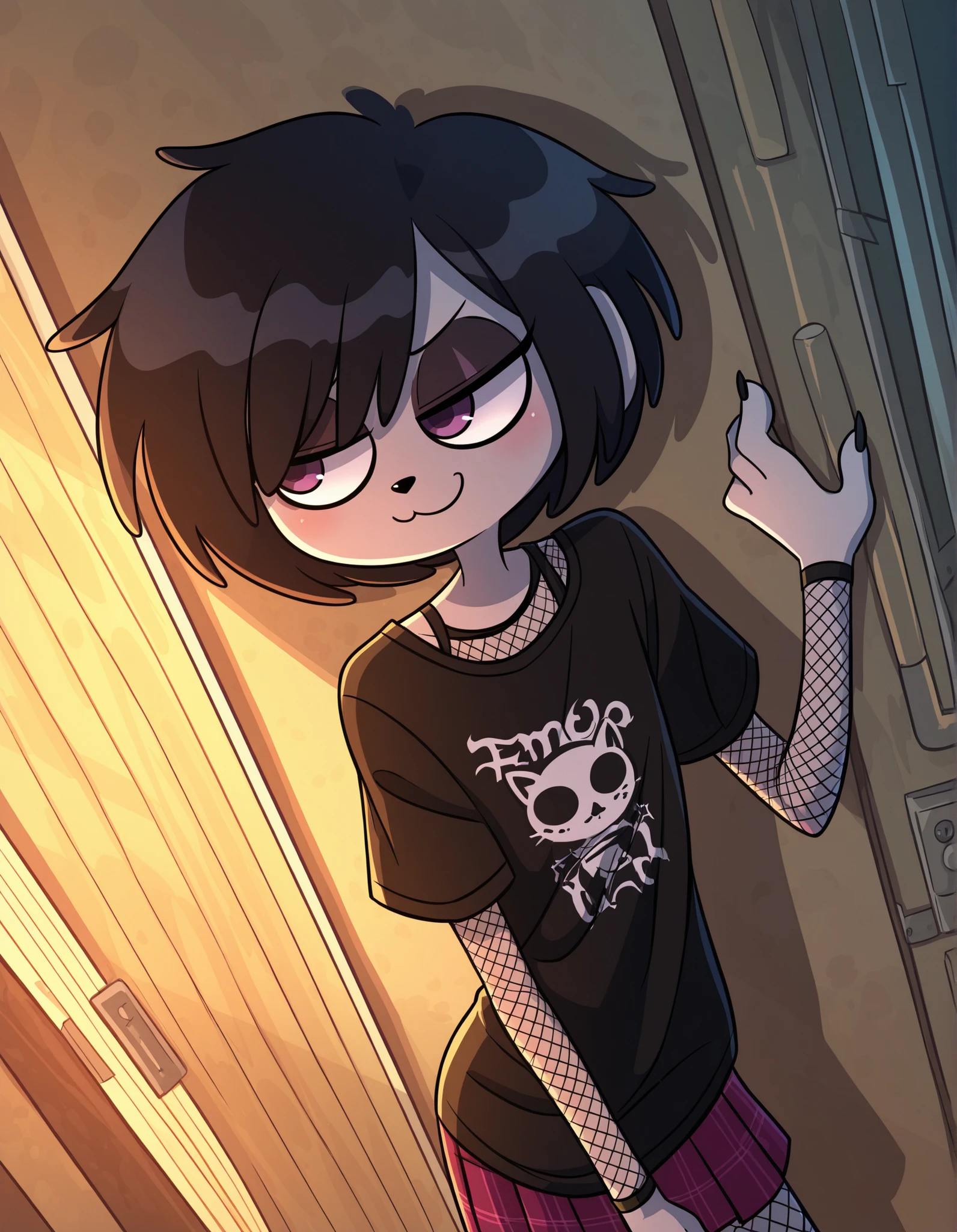 miwako,, volumetric_lighting, chiaroscuro_lighting, vibrant, shaders, high_angle, against_the_wall, arched_back, 1girl, interior, solo, detailed, furry, cat, skinny, smug, ((cute_clothes, emo, fishnets)), white_fur, cute, claws, stare, soft_light, stylized, SuchHorriGir,